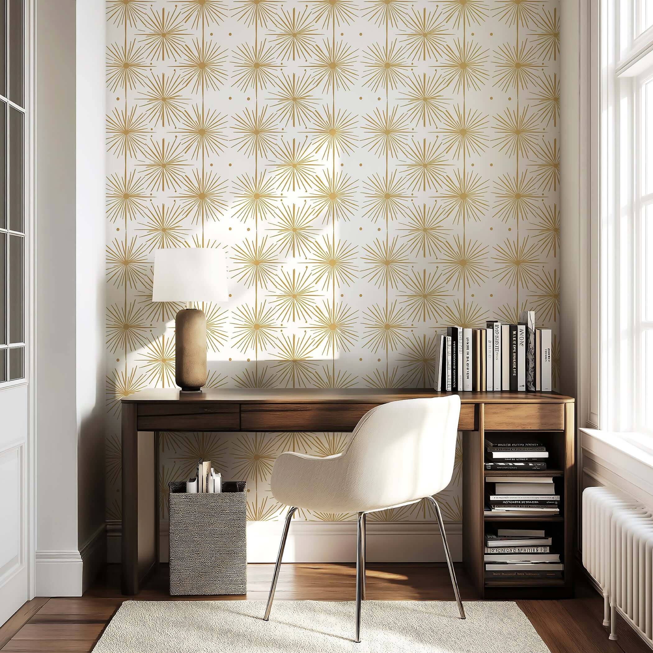 Deco Glow Gold wallpaper in a stylish home office, featuring Art Deco starburst patterns, adding a mid-century-modern touch.