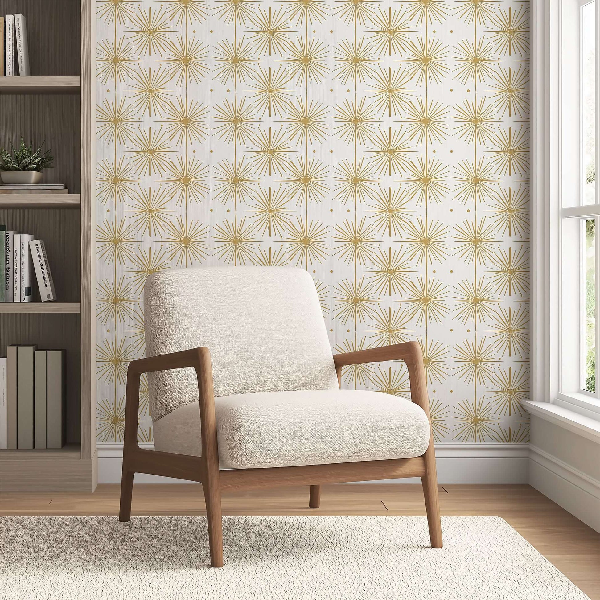 Mid-century modern room with Deco Glow Gold wallpaper featuring Art Deco gold burst motifs and a beige armchair.