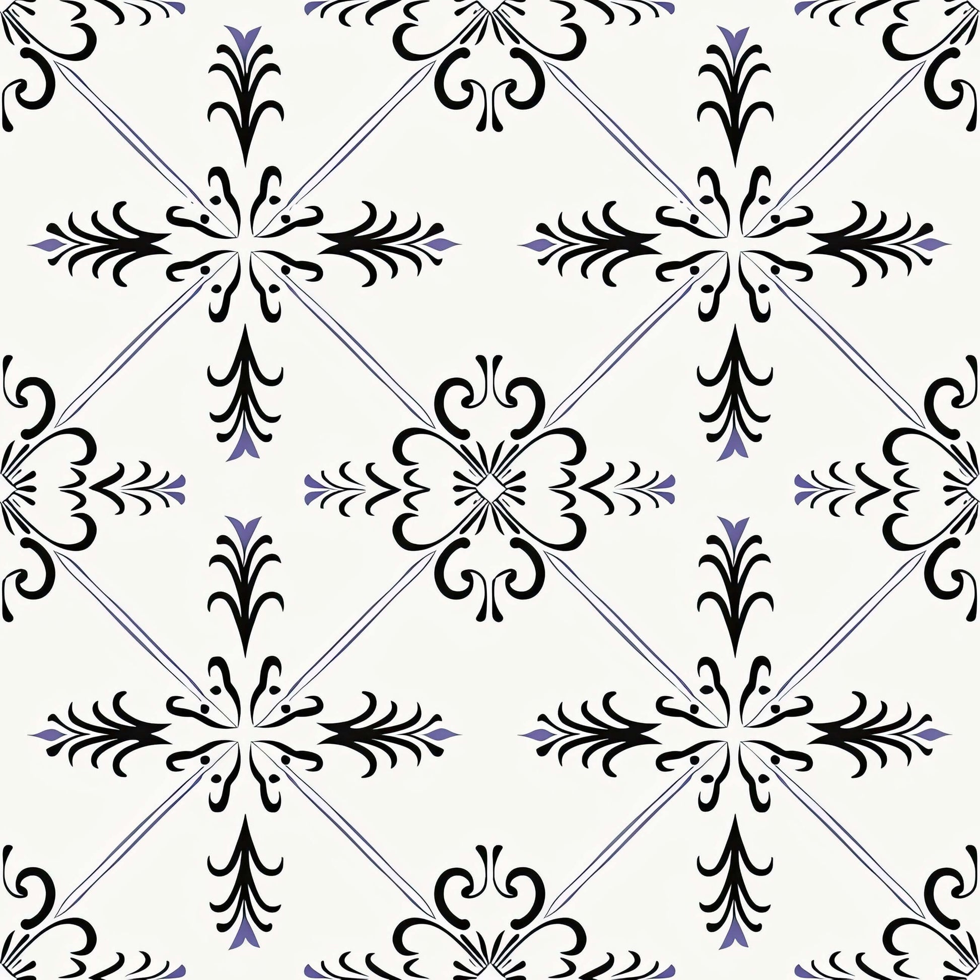 Gothic Revival wallpaper with geometric tile pattern in black and ivory, featuring delicate violet accents and ornamental gothic motifs.