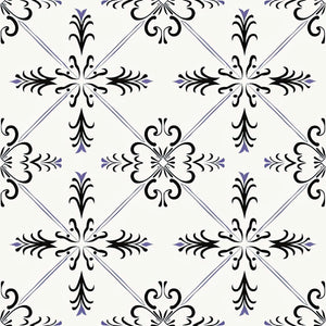 Gothic Revival wallpaper with geometric tile pattern in black and ivory, featuring delicate violet accents and ornamental gothic motifs.