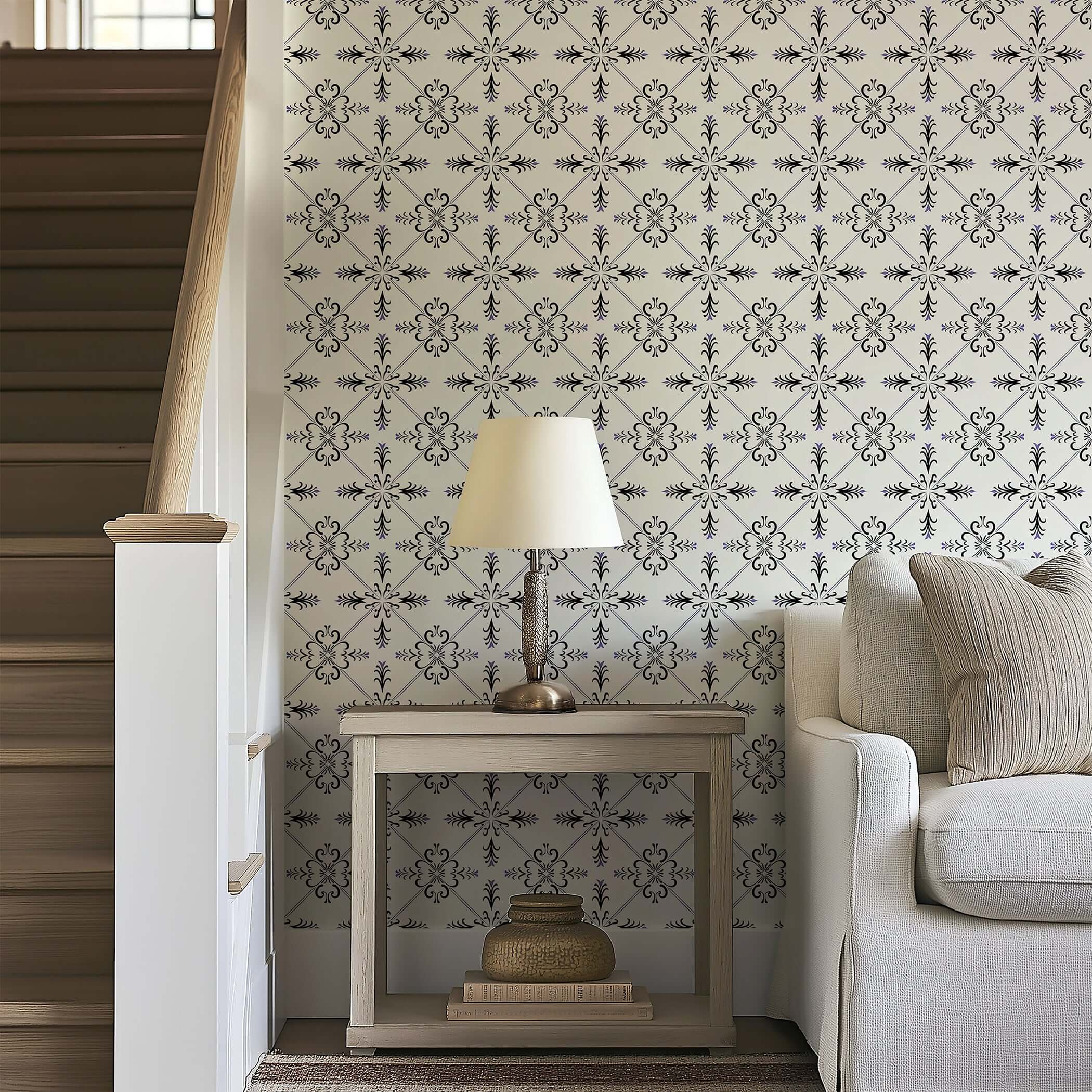 Gothic Revival wallpaper with geometric black and ivory design inspired by European tilework, adding elegance to home decor.