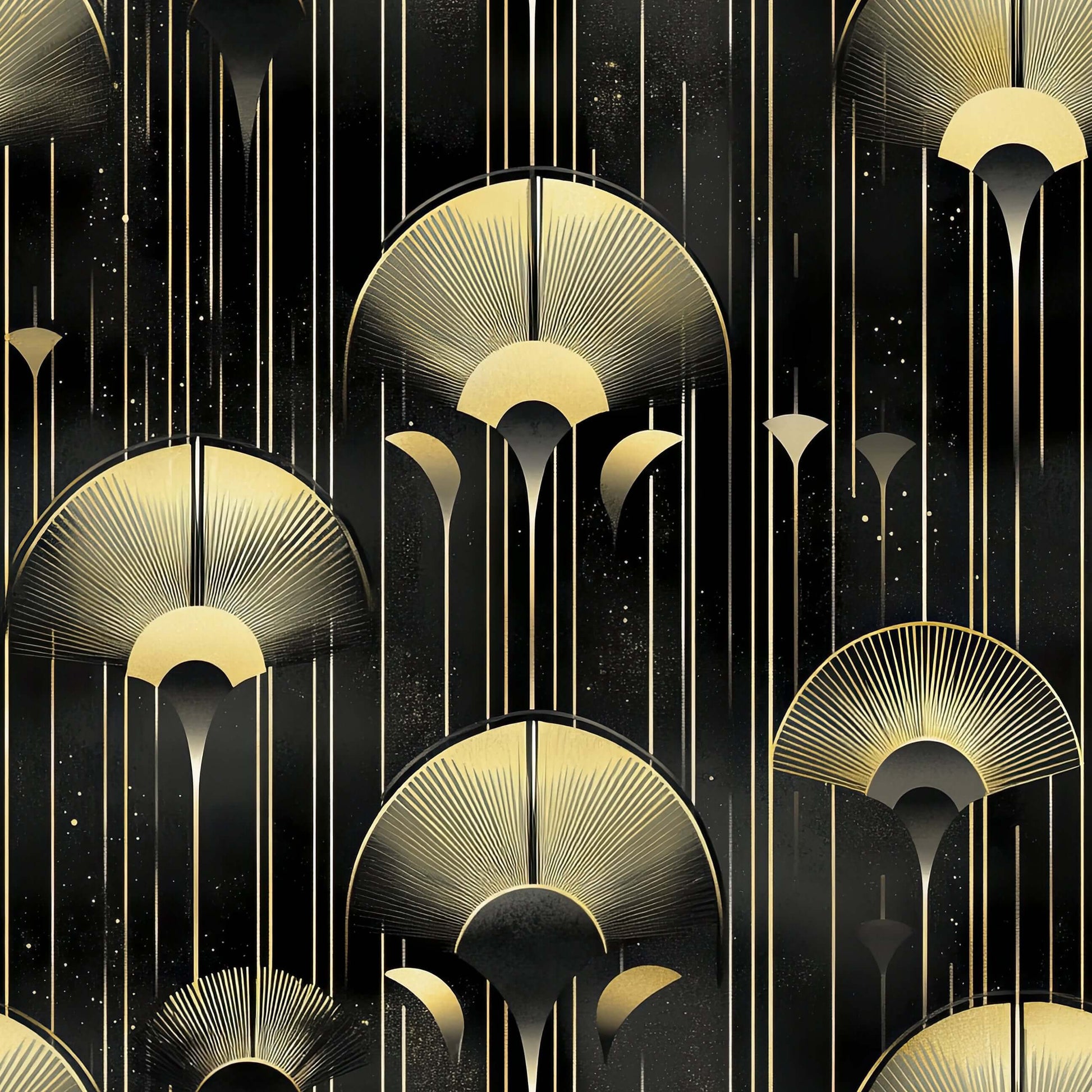 Art Deco wallpaper with gold embellishments on a dark backdrop, featuring luxurious patterns reminiscent of Twenties' lighting elegance.