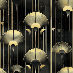 Art Deco wallpaper with gold embellishments on a dark backdrop, featuring luxurious patterns reminiscent of Twenties' lighting elegance.