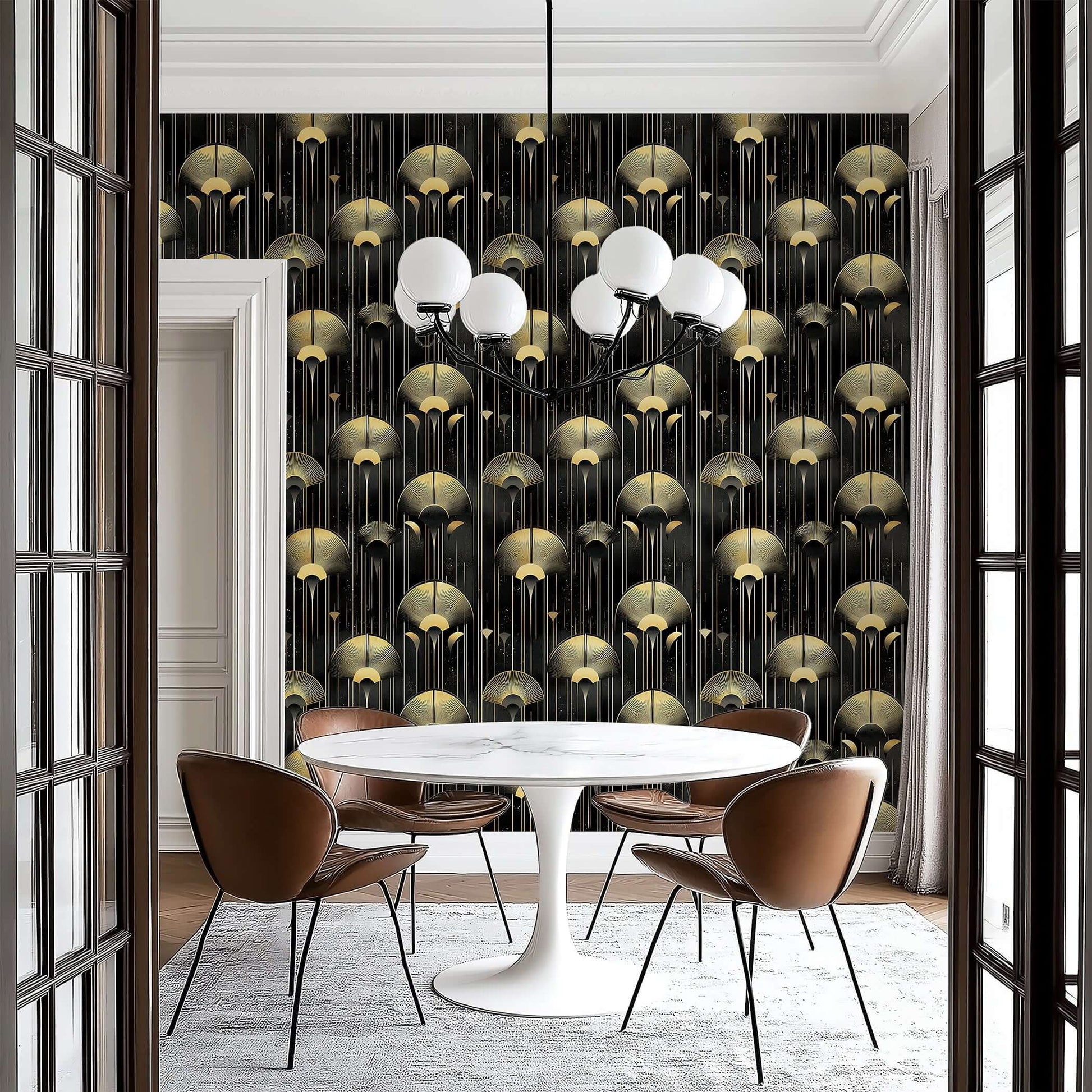 Modern dining room with Art Deco "Golden Luminaire" wallpaper featuring gold embellishments on a dark background.