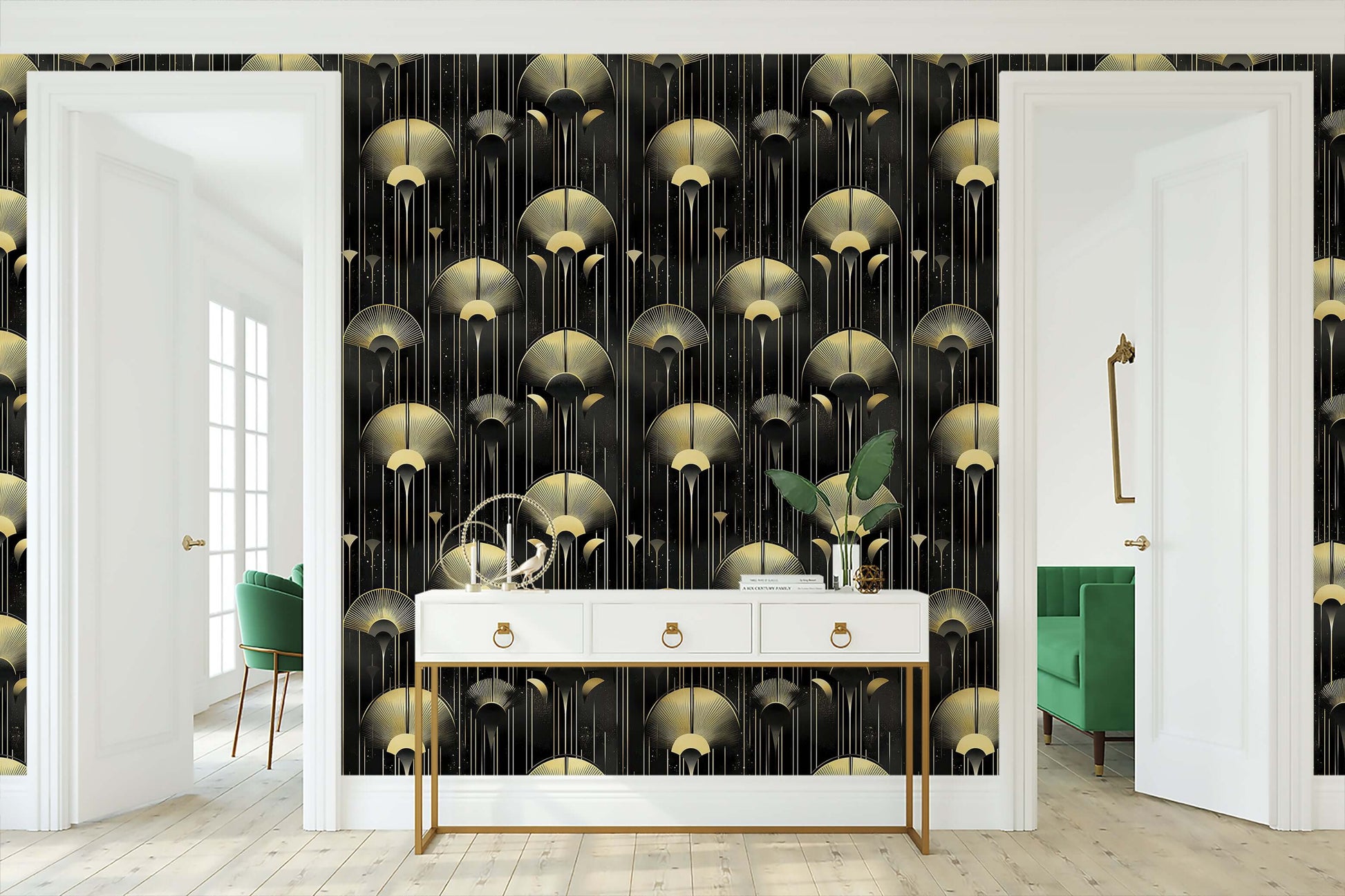 Luxurious Art Deco wallpaper with golden embellishments on a dark background, enhancing an elegant living room interior.