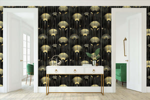Luxurious Art Deco wallpaper with golden embellishments on a dark background, enhancing an elegant living room interior.