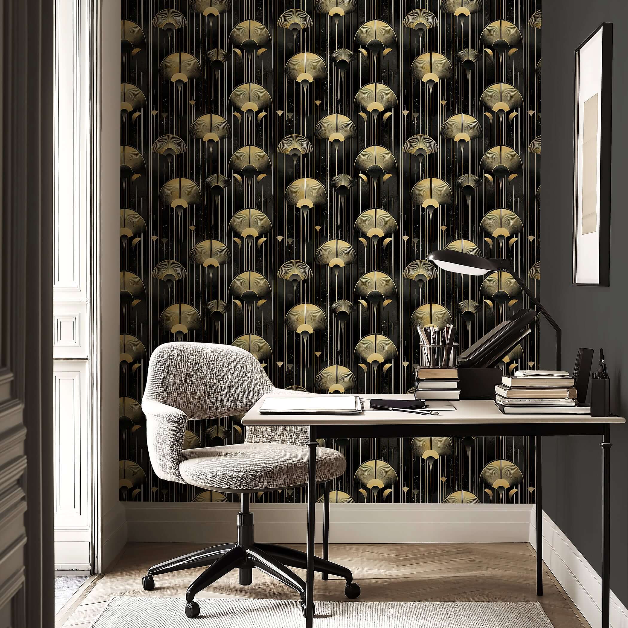 Golden Luminaire art deco wallpaper with gold embellishments in a stylish home office setting.