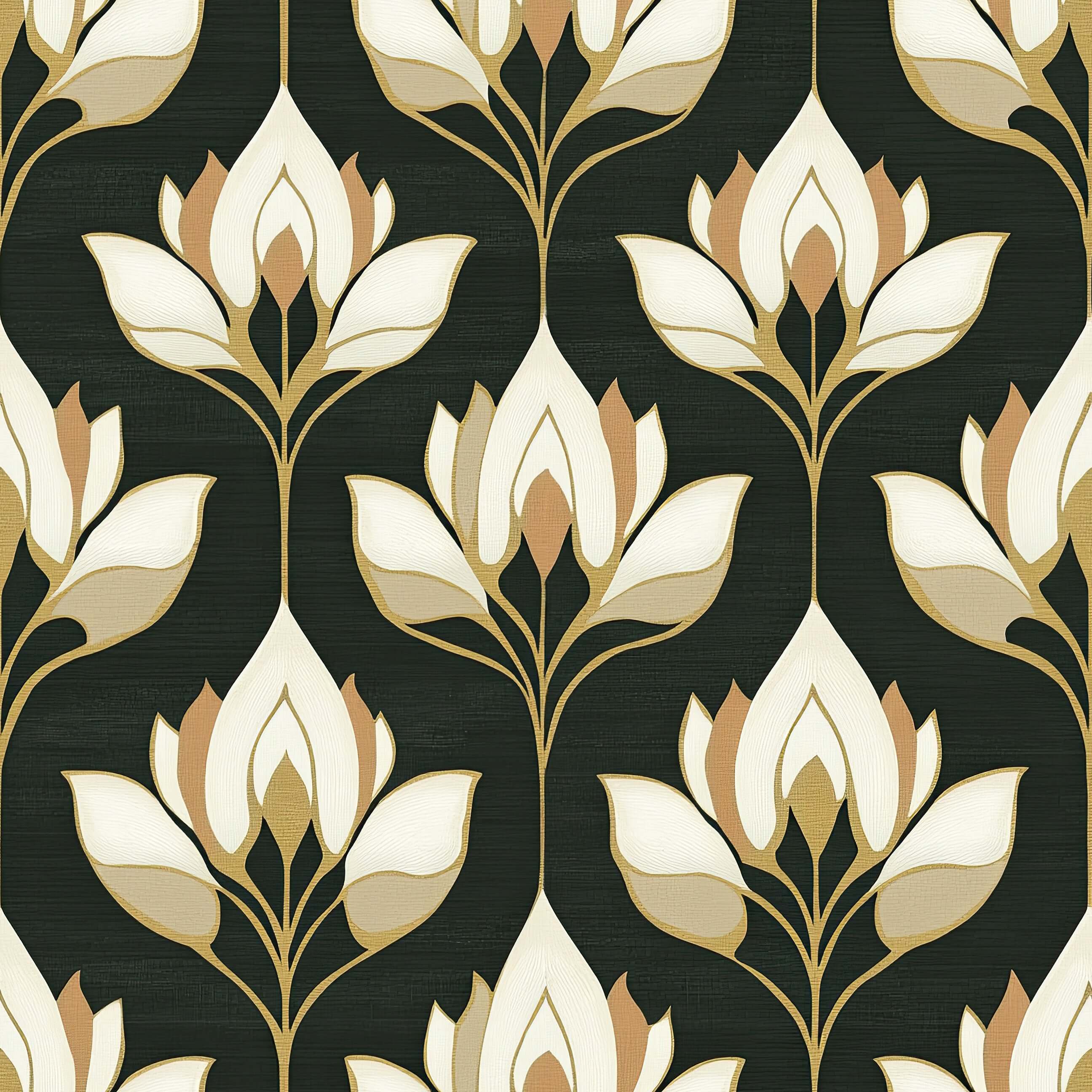 Elegant art deco and art nouveau style floral wallpaper with ivory and gold flowers on a dark background.