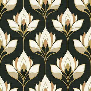 Elegant art deco and art nouveau style floral wallpaper with ivory and gold flowers on a dark background.