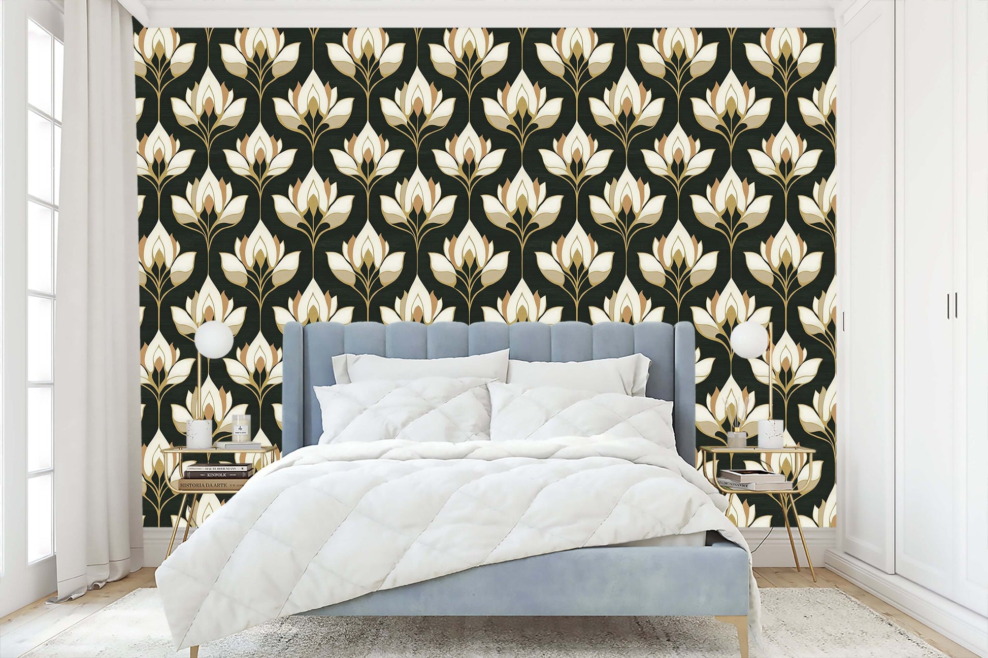 Luxurious "Gilded Blooms" art nouveau floral wallpaper with ivory and gold against a dark background, perfect for elegant decor.