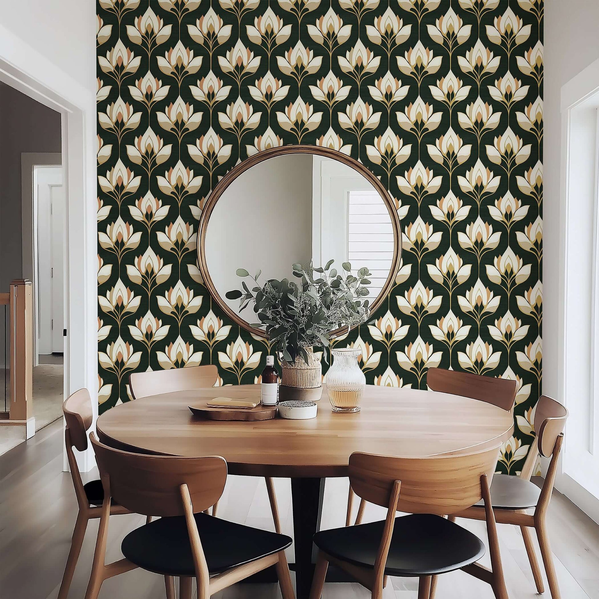 Gilded Blooms art nouveau floral wallpaper in dining room, featuring ivory and gold flowers on dark background, enhancing elegance.