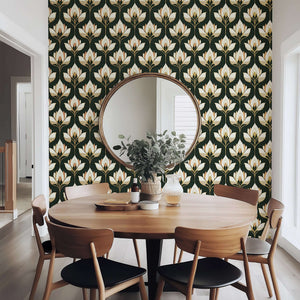Gilded Blooms art nouveau floral wallpaper in dining room, featuring ivory and gold flowers on dark background, enhancing elegance.
