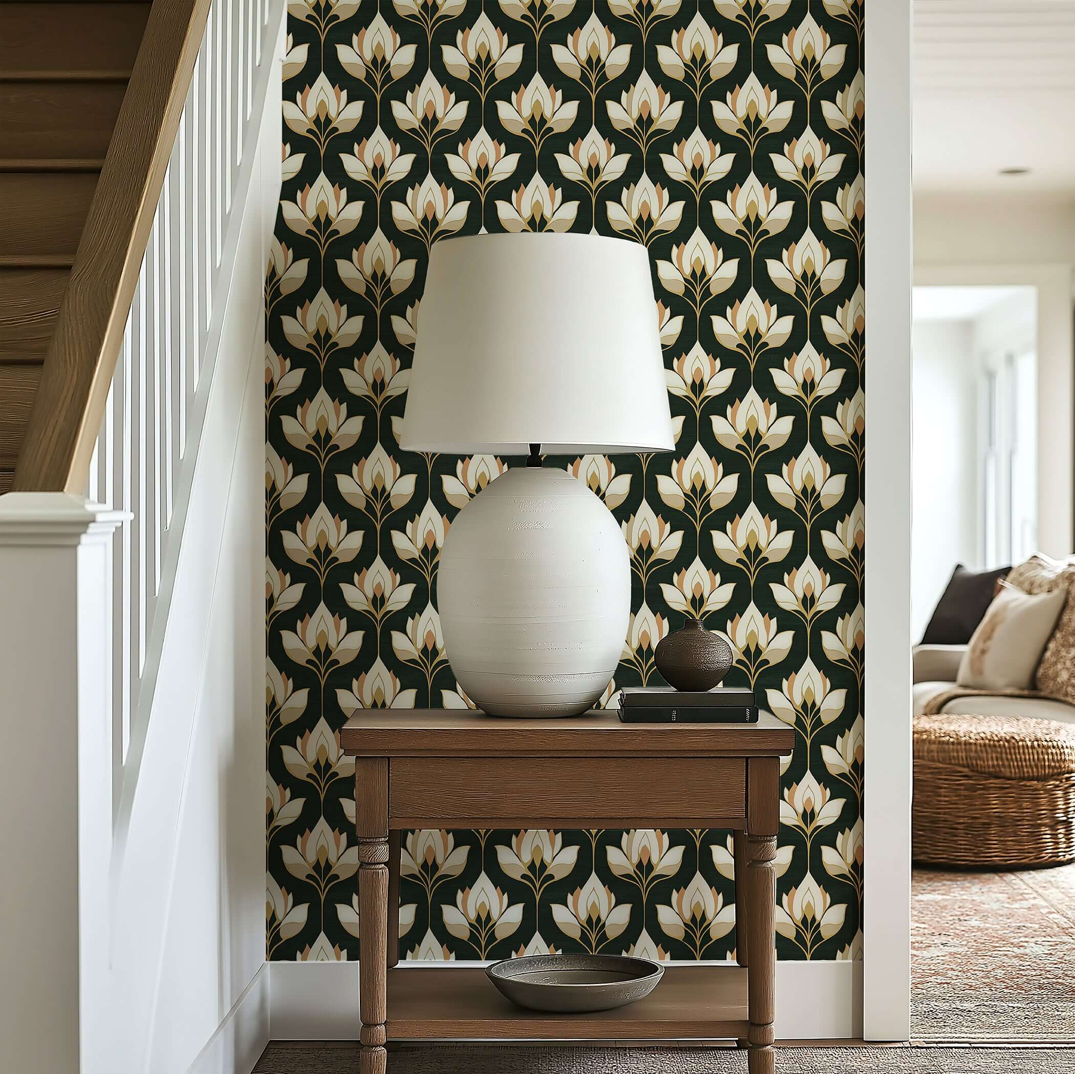Gilded Blooms wallpaper with ivory and gold flowers in Art Deco and Art Nouveau style on dark background, enhancing an elegant home interior.