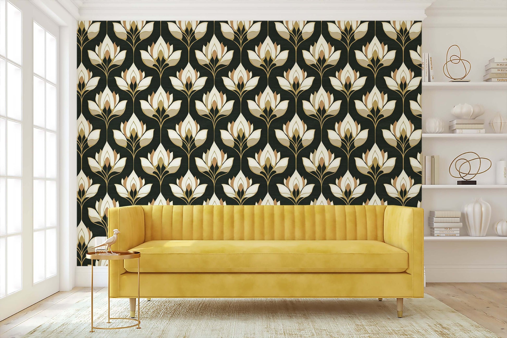 Art Deco Art Nouveau floral wallpaper with ivory and gold blooms on dark wall behind yellow sofa in elegant living room setting
