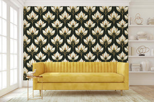 Art Deco Art Nouveau floral wallpaper with ivory and gold blooms on dark wall behind yellow sofa in elegant living room setting
