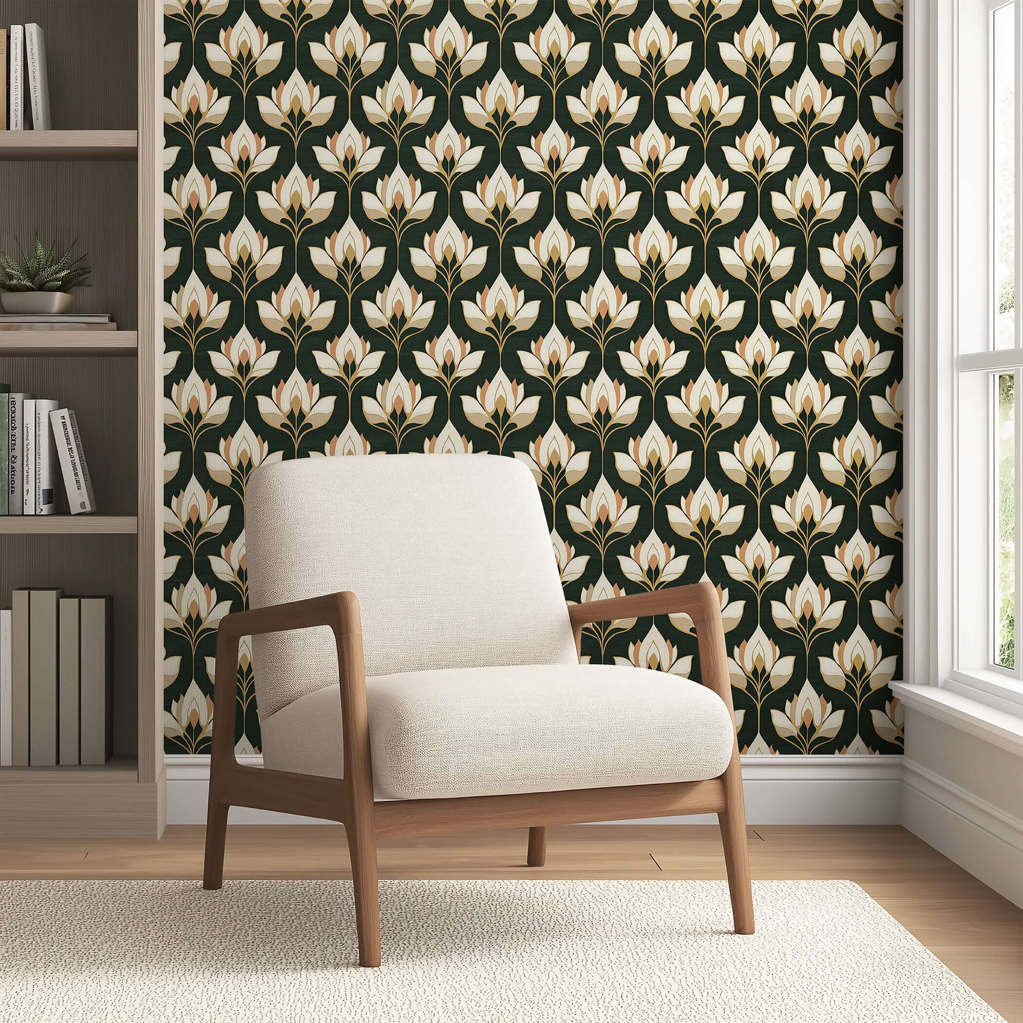 Elegant art nouveau wallpaper with ivory and gold flowers on black, paired with a neutral armchair, creating a sophisticated decor.