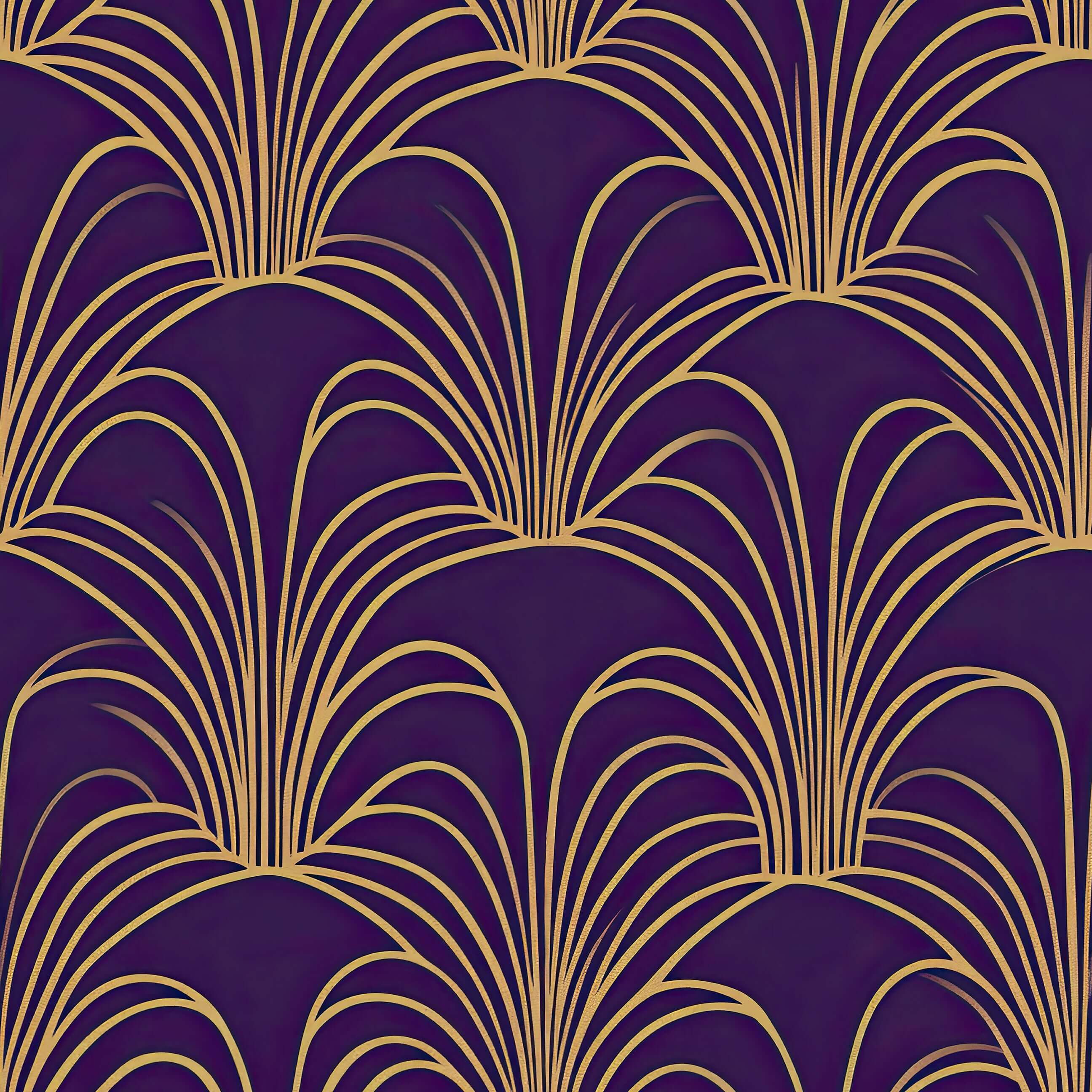 Art Deco wallpaper with gold fan-like arches on deep plum background, showcasing vintage luxury for sophisticated interior design.