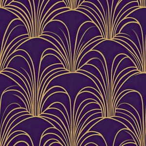 Art Deco wallpaper with gold fan-like arches on deep plum background, showcasing vintage luxury for sophisticated interior design.