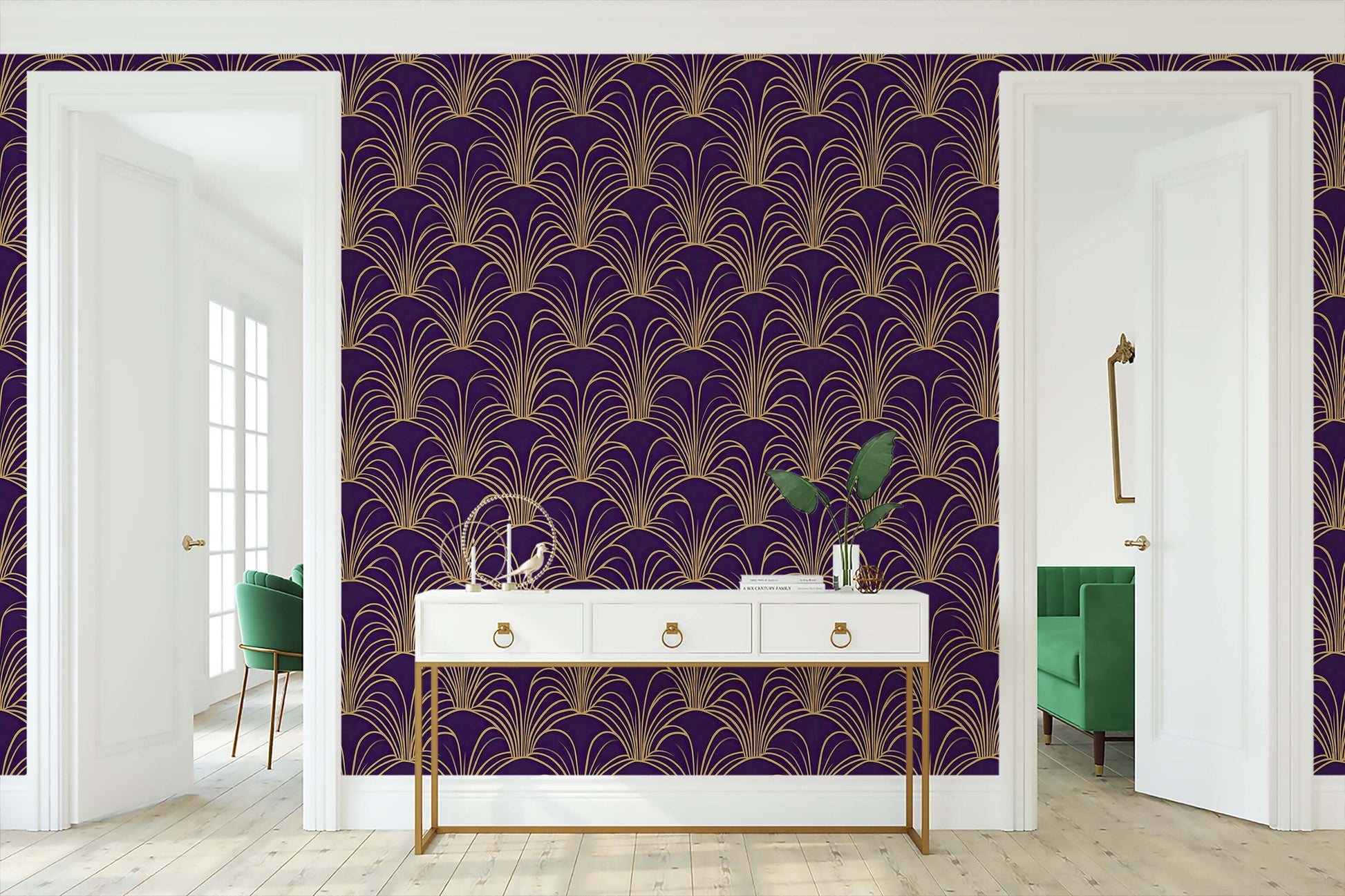 Opulent Arch Deco wallpaper with gold art deco arches on plum background, perfect for elegant interior design.