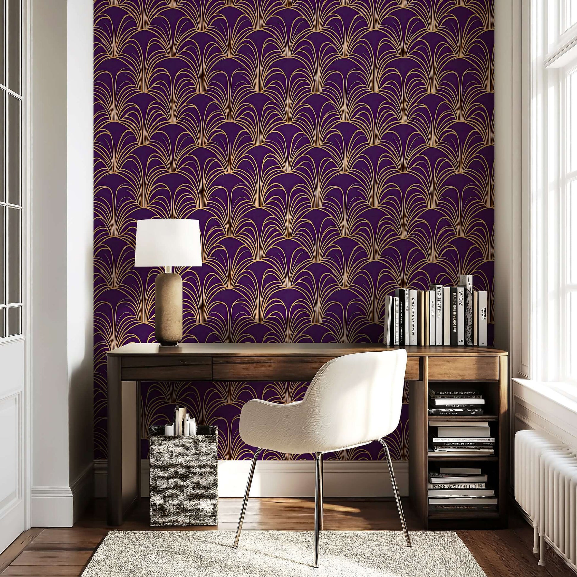 Opulent Arch Deco wallpaper with gold arches on plum background, featuring Art Deco elegance in a stylish home office interior.