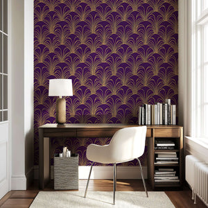 Opulent Arch Deco wallpaper with gold arches on plum background, featuring Art Deco elegance in a stylish home office interior.