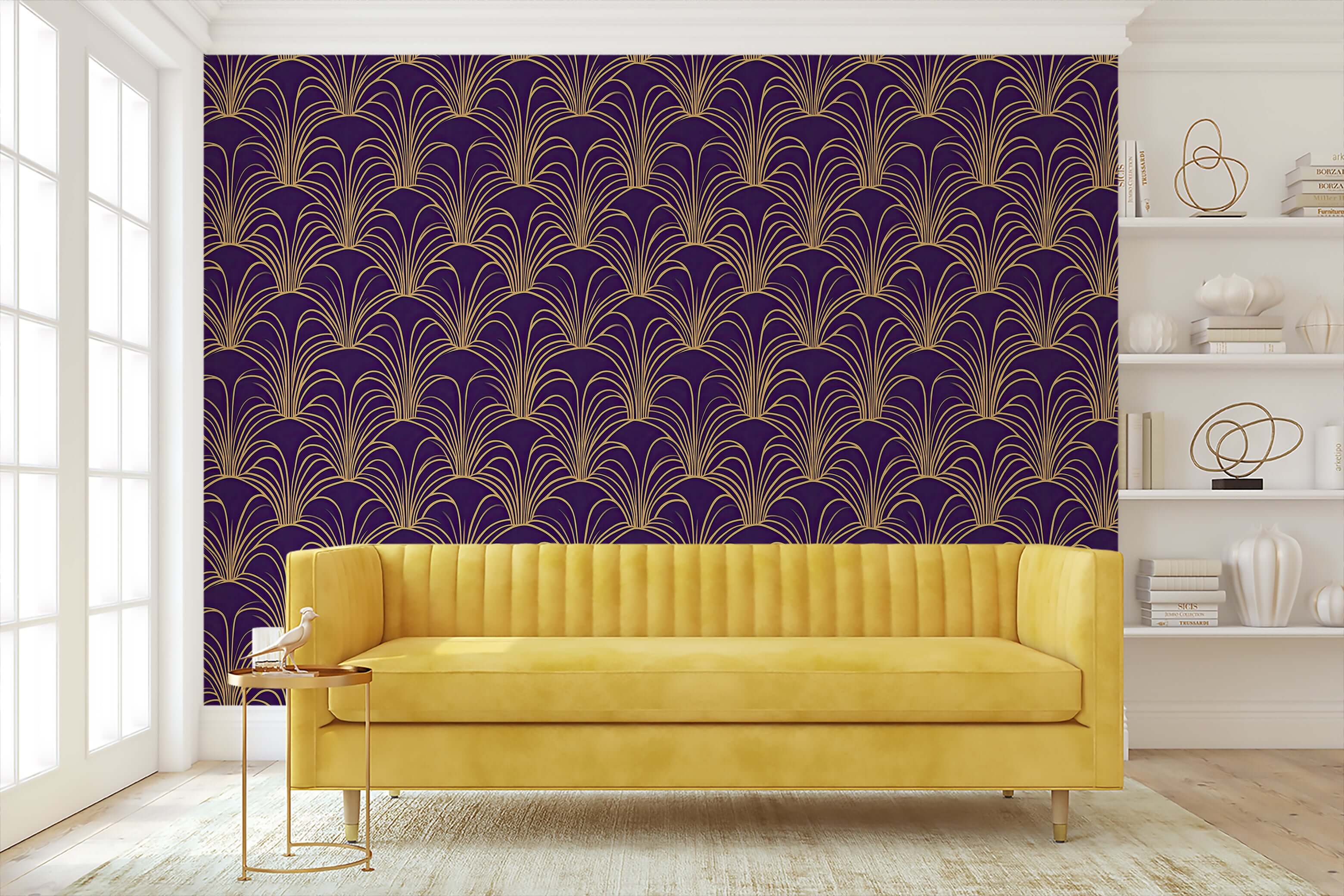 Opulent Arch Deco wallpaper with gold fan-like arches on deep plum background, showcasing a luxurious Art Deco design in a modern living room.