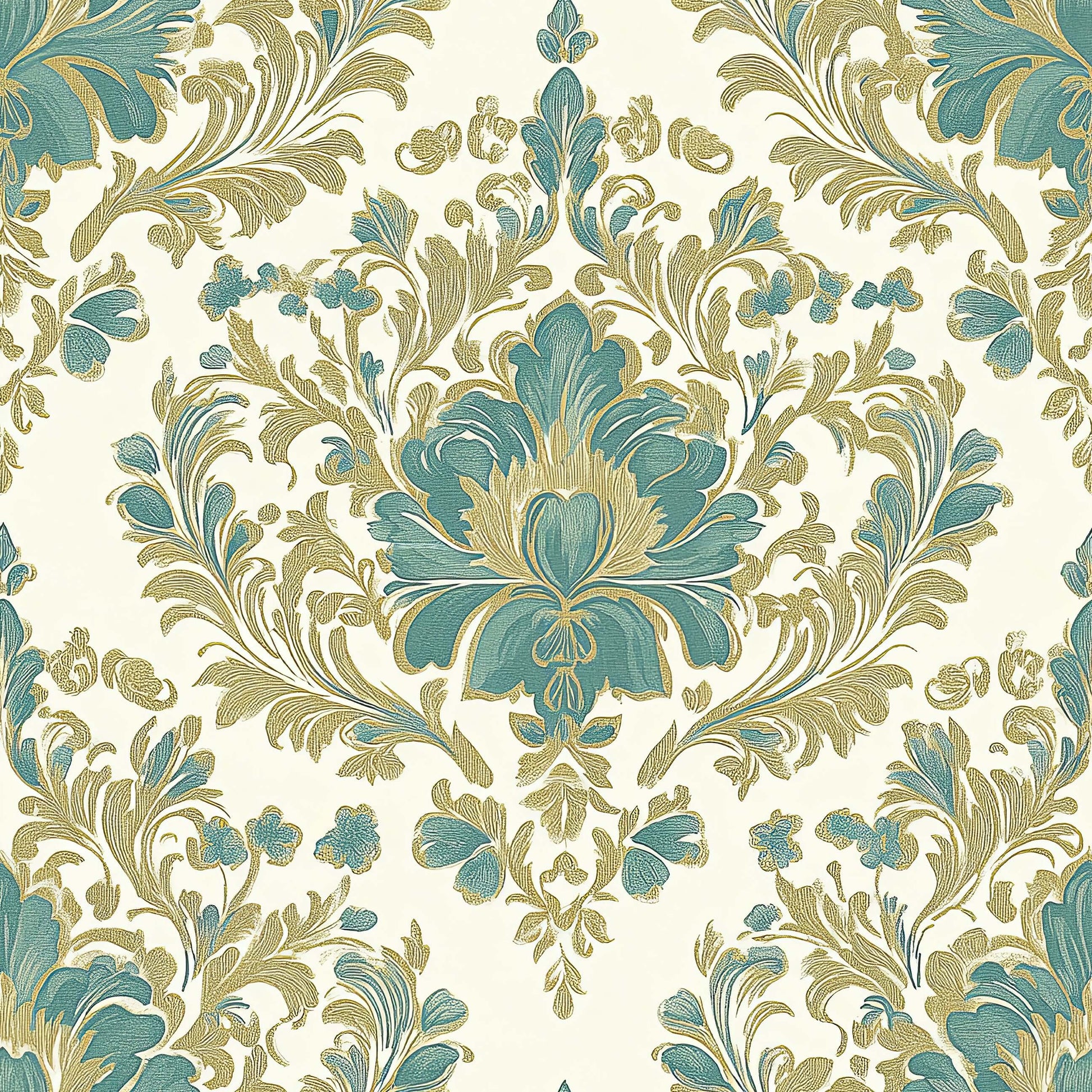 Vintage damask wallpaper with teal and gold botanical design on ivory, evoking elegant European manor style for modern homes.