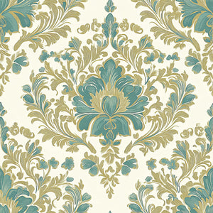 Vintage damask wallpaper with teal and gold botanical design on ivory, evoking elegant European manor style for modern homes.