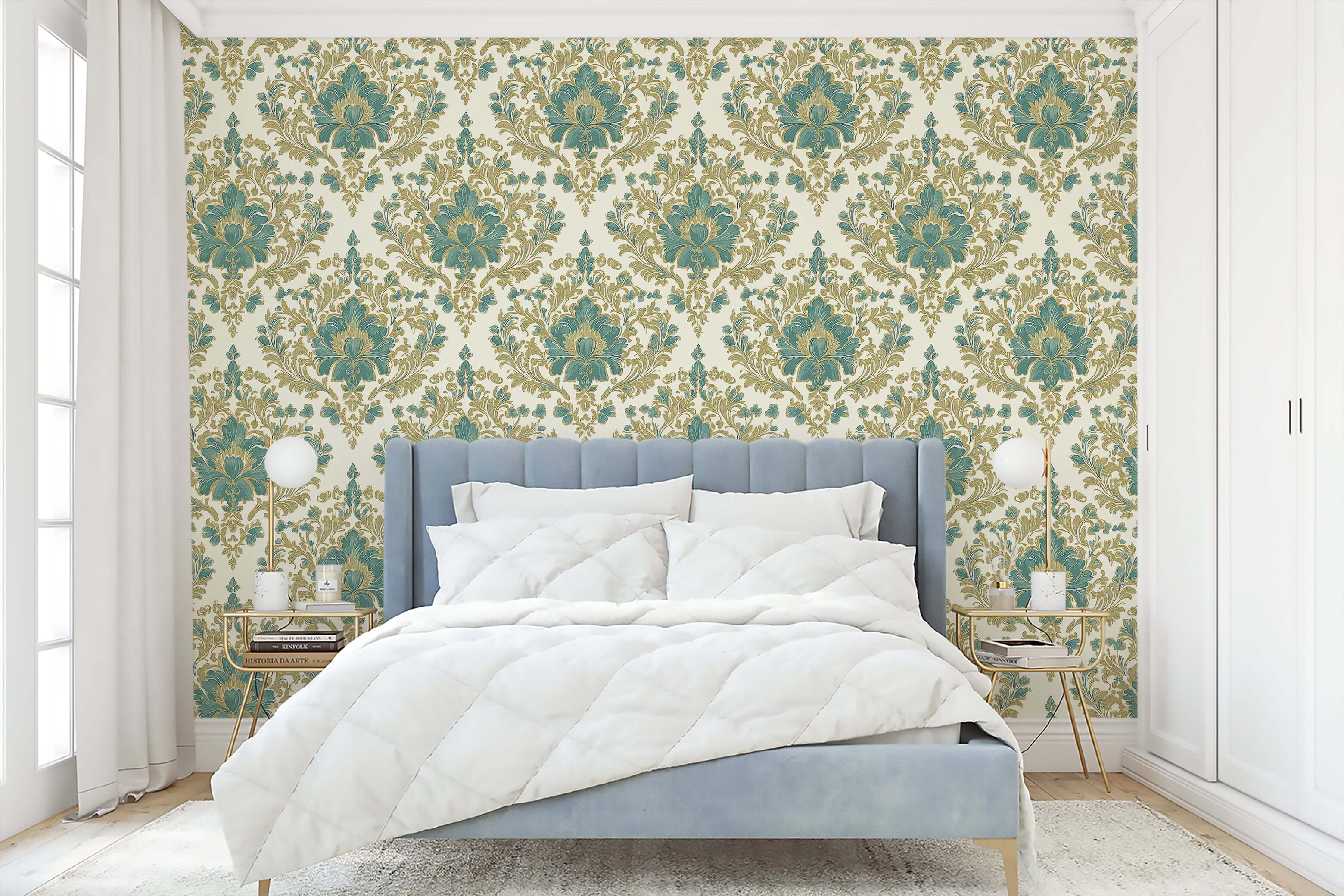 Bedroom with Enchanted Estate wallpaper featuring teal and gold damask design, creating a vintage, elegant atmosphere.