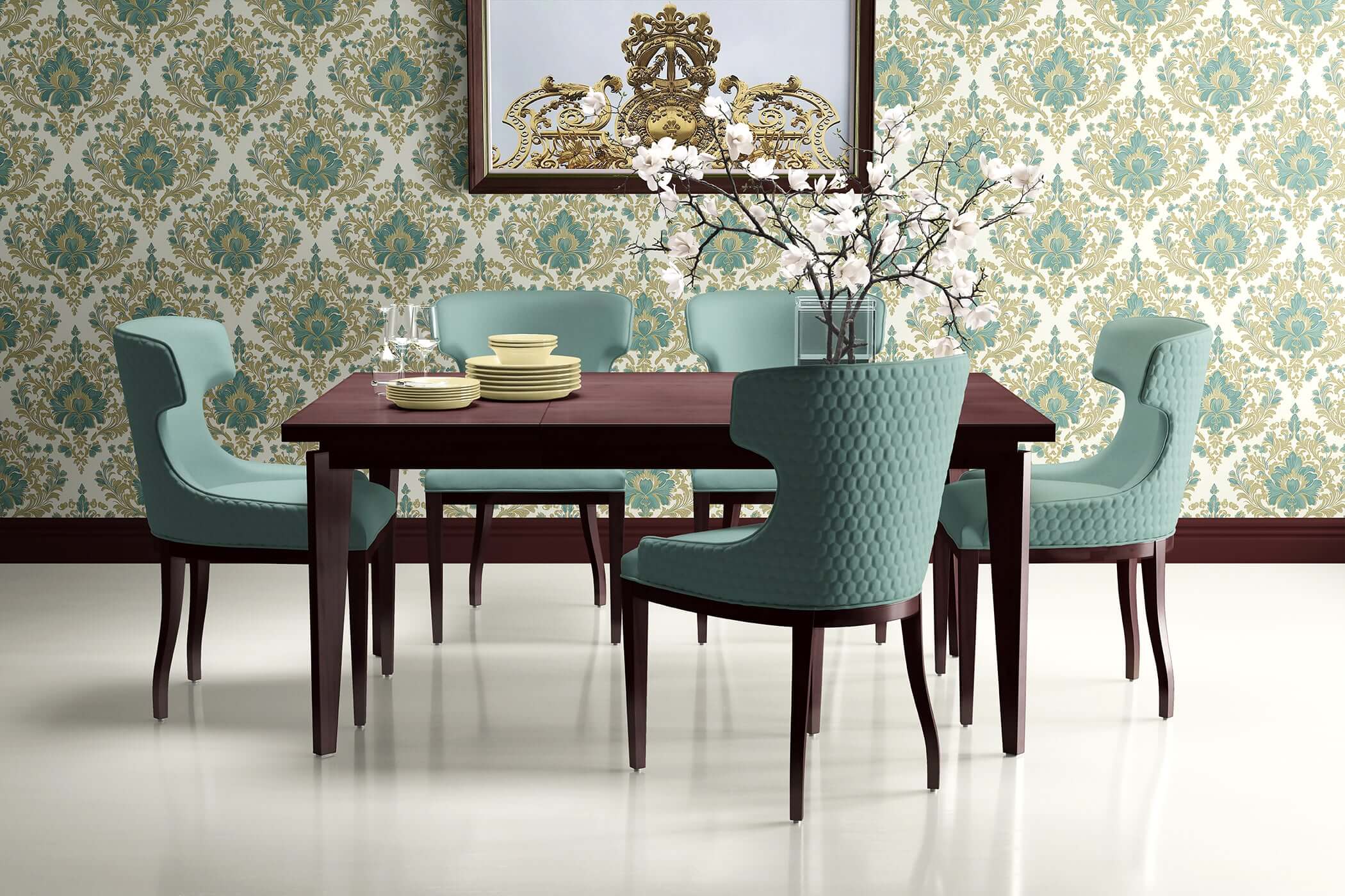 Dining room with teal chairs and table against Enchanted Estate damask wallpaper, showcasing vintage design with teal and gold accents.