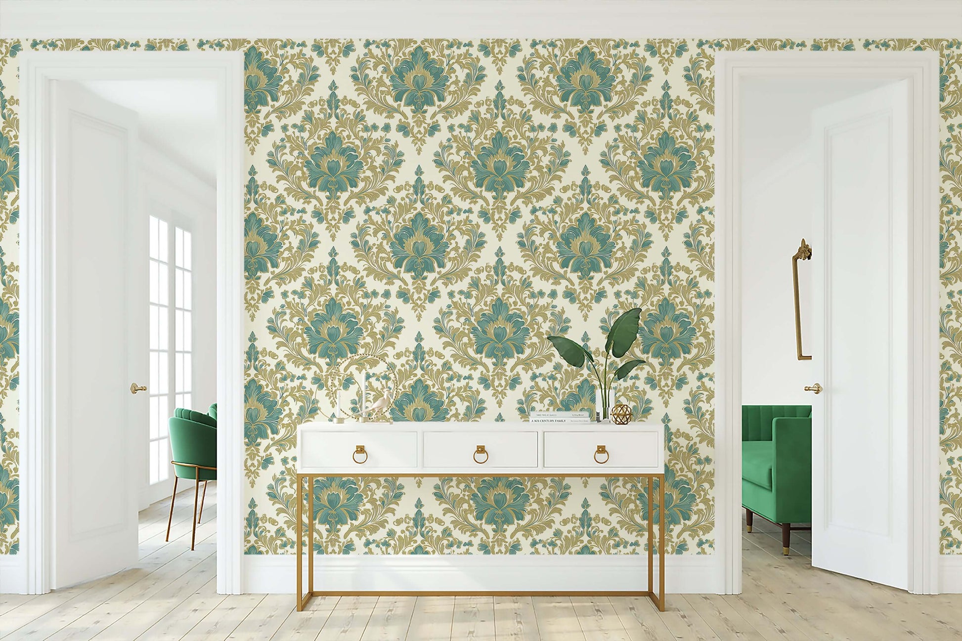 Enchanted Estate wallpaper with teal and gold damask vintage design on an ivory background, adding elegance to living room walls.