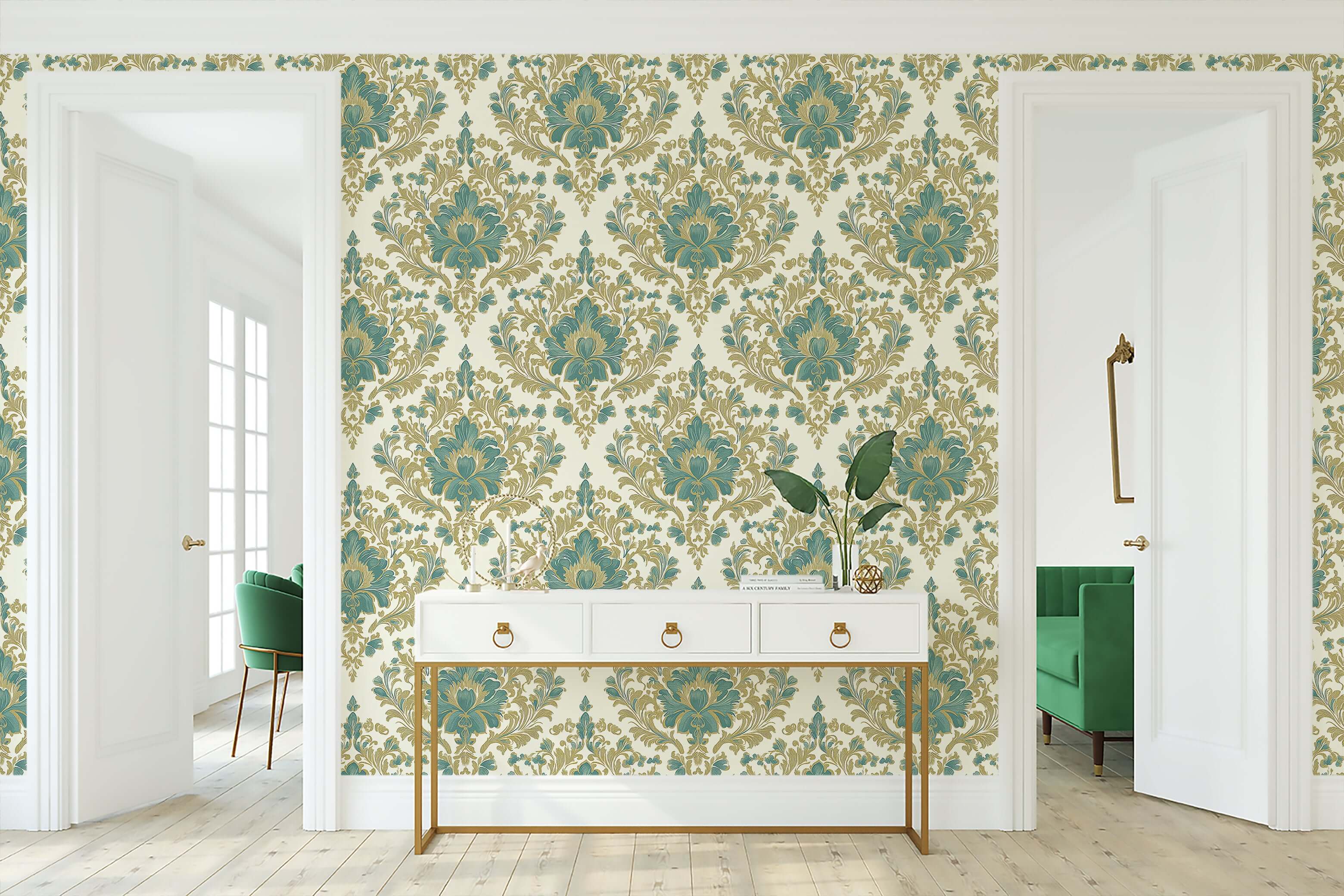 Enchanted Estate wallpaper with teal and gold damask vintage design on an ivory background, adding elegance to living room walls.