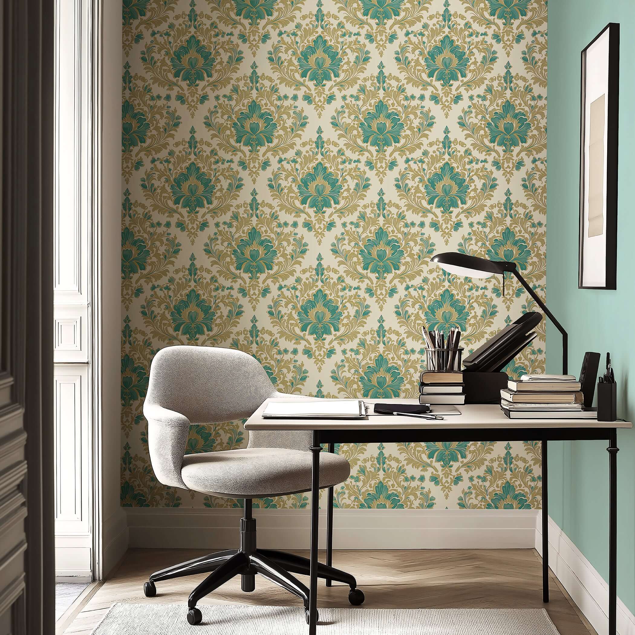 Study room featuring "Enchanted Estate" damask wallpaper with teal and gold botanical designs on ivory, exuding vintage elegance.
