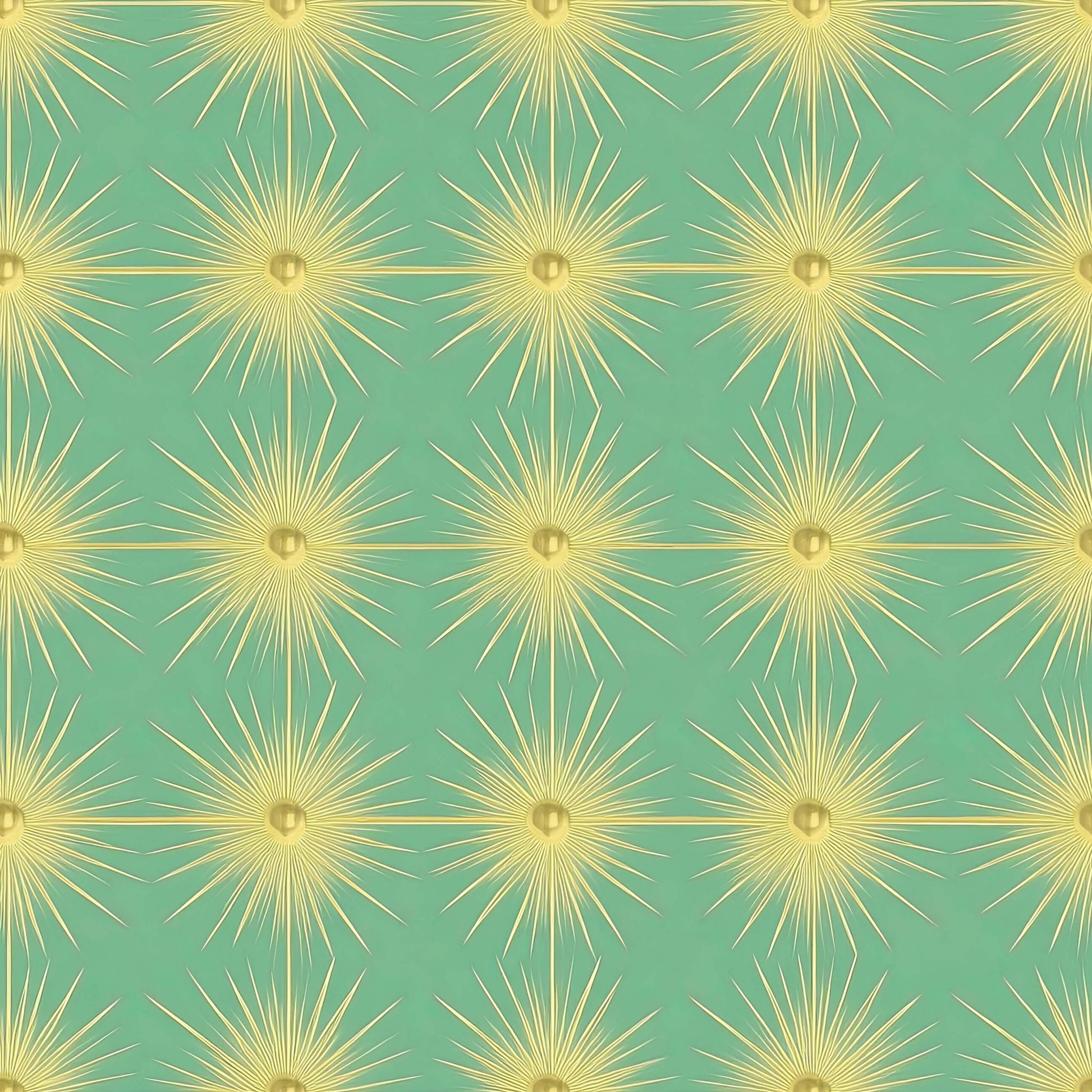 Mid-century modern wallpaper with gold starburst motifs on a teal background, perfect for accent walls and entryways.