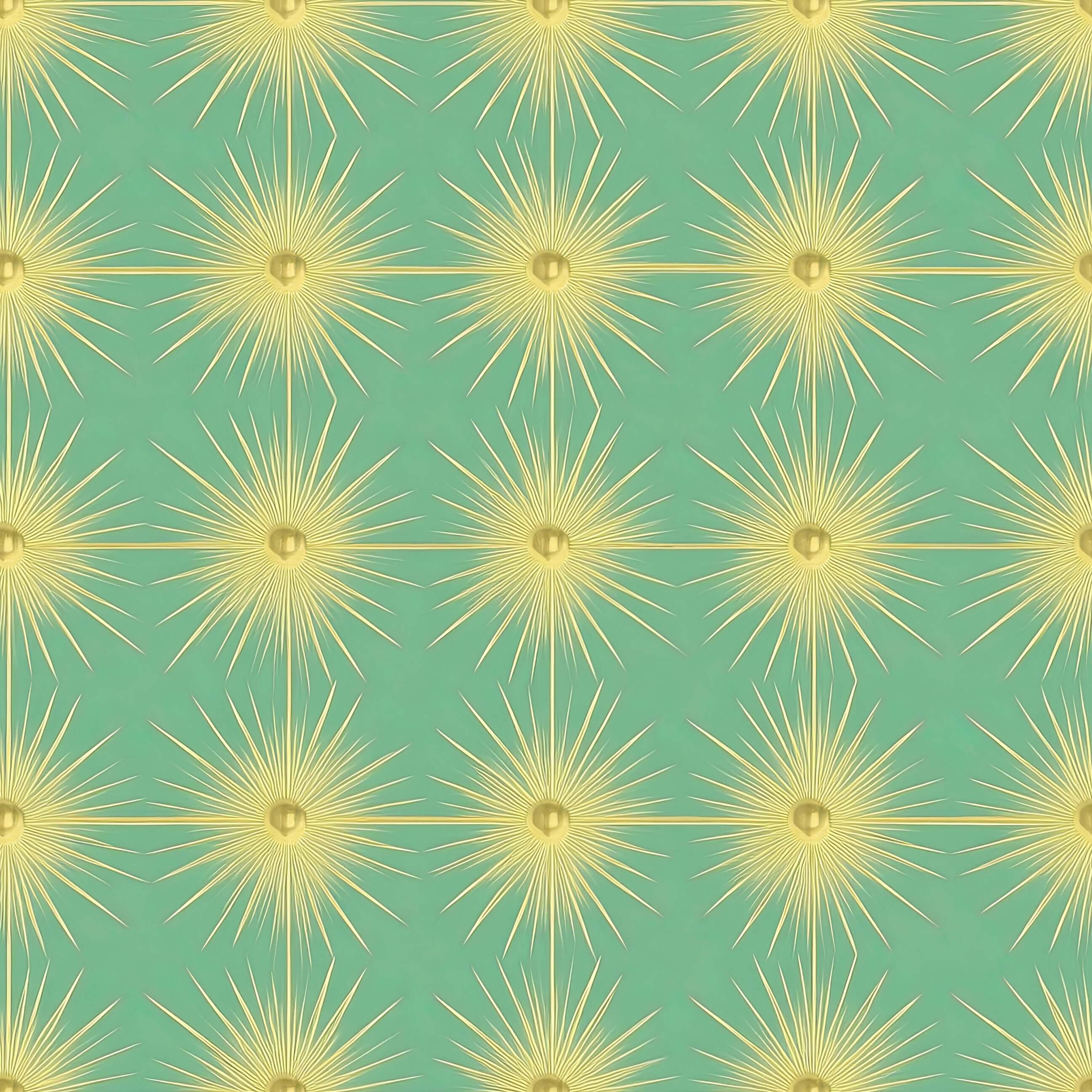 Mid-century modern wallpaper with gold starburst motifs on a teal background, perfect for accent walls and entryways.