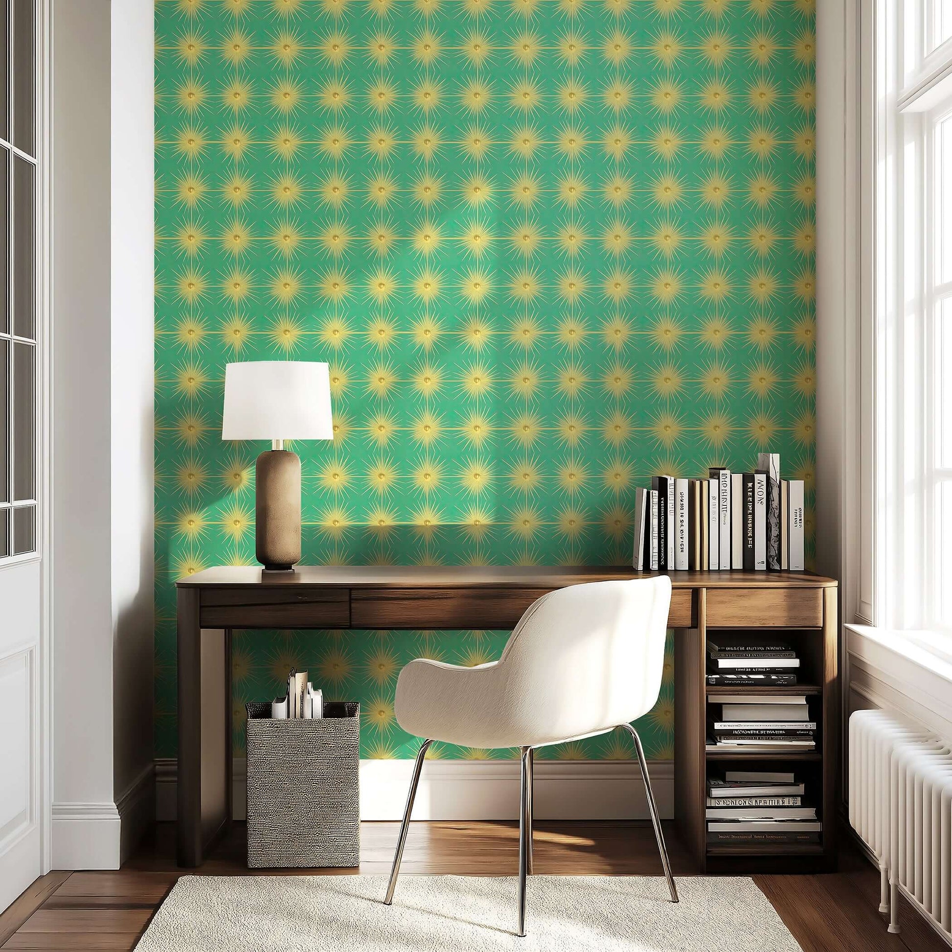 Mid-century modern wallpaper with gold starburst patterns on teal, enhancing a retro-style interior with elegance and charm.