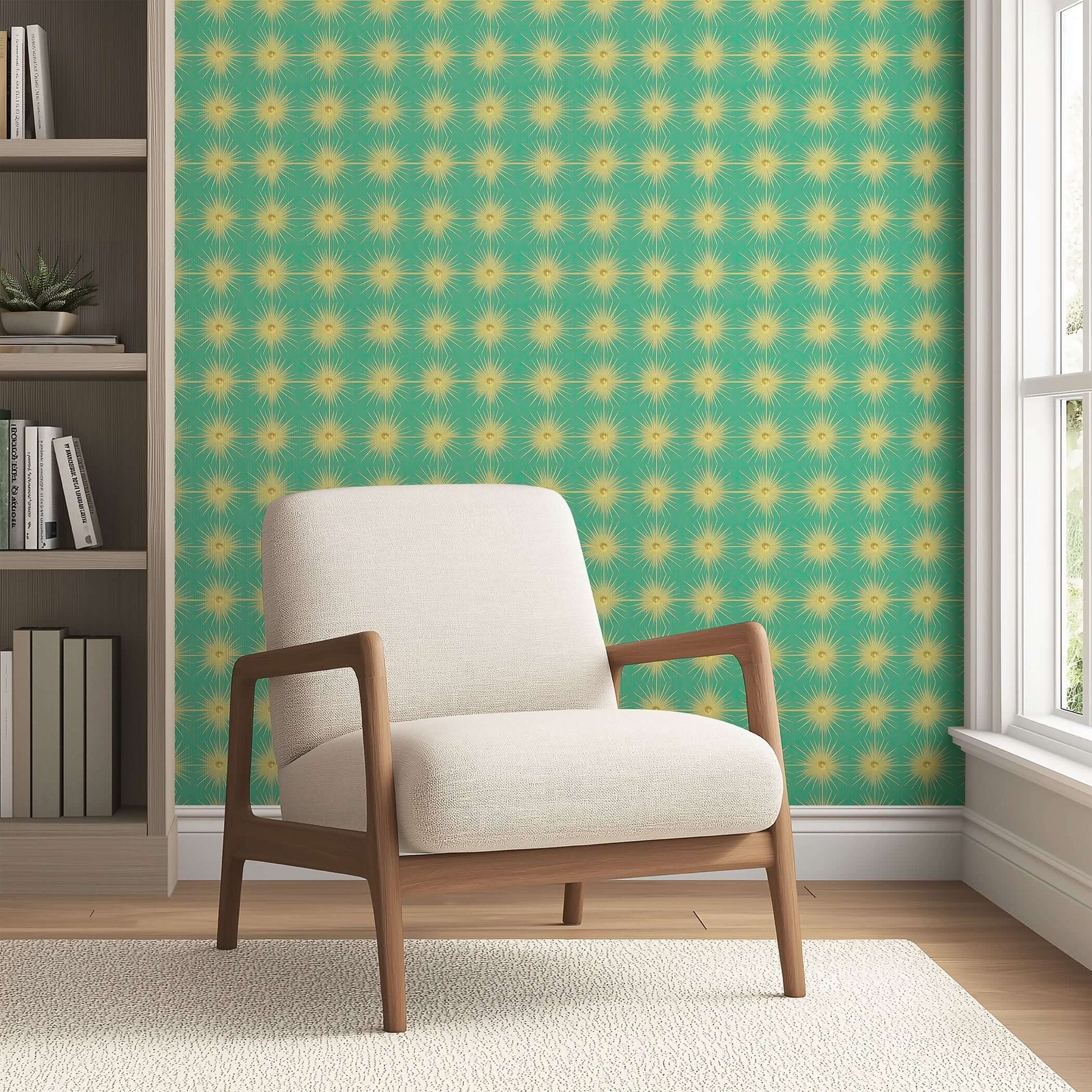 Mid-century modern wallpaper with gold starburst motifs on teal background, enhancing a cozy room with a vintage sunburst charm.