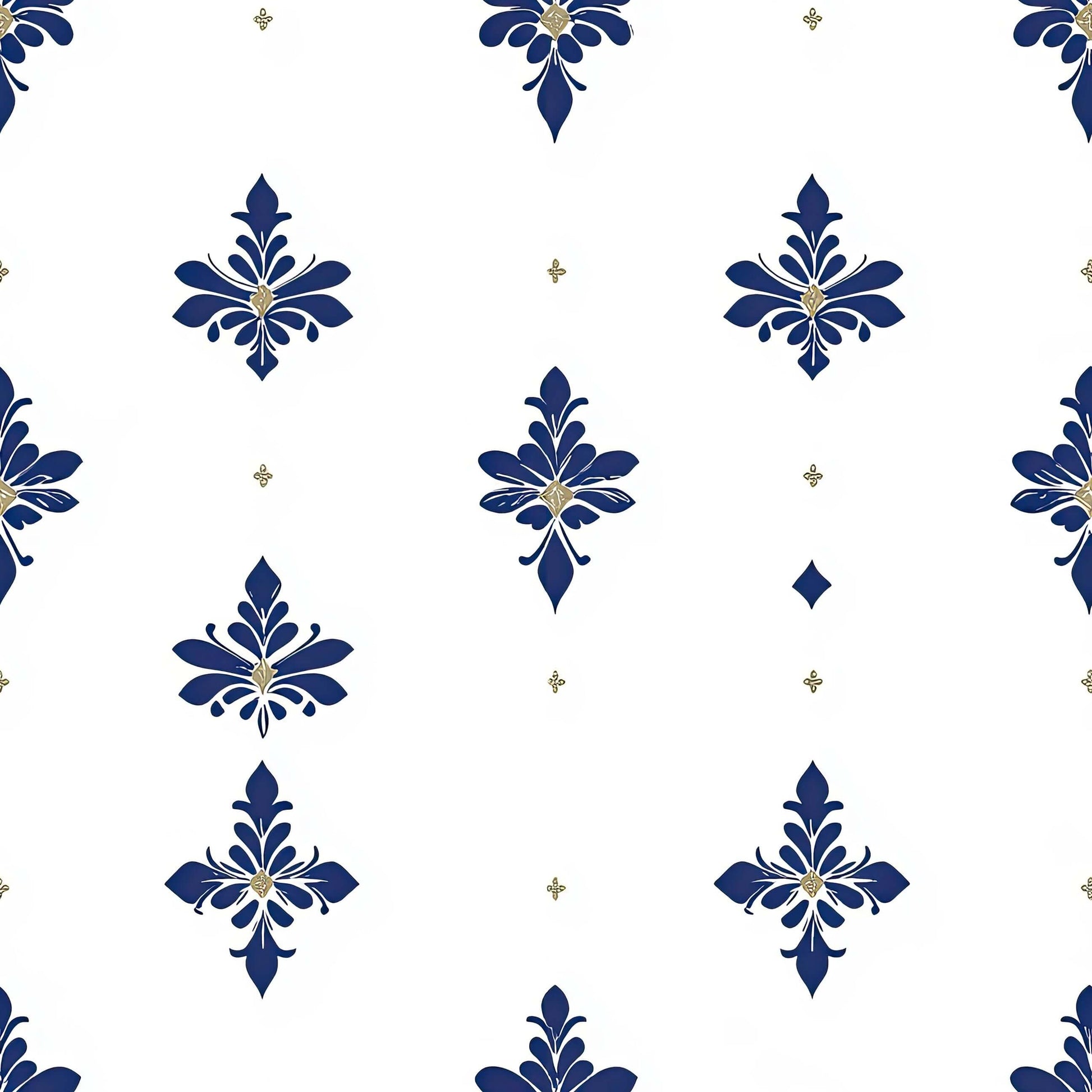 Navy Luxe Fleur-de-lis wallpaper with gold accents on a white background, ideal for elegant interiors.