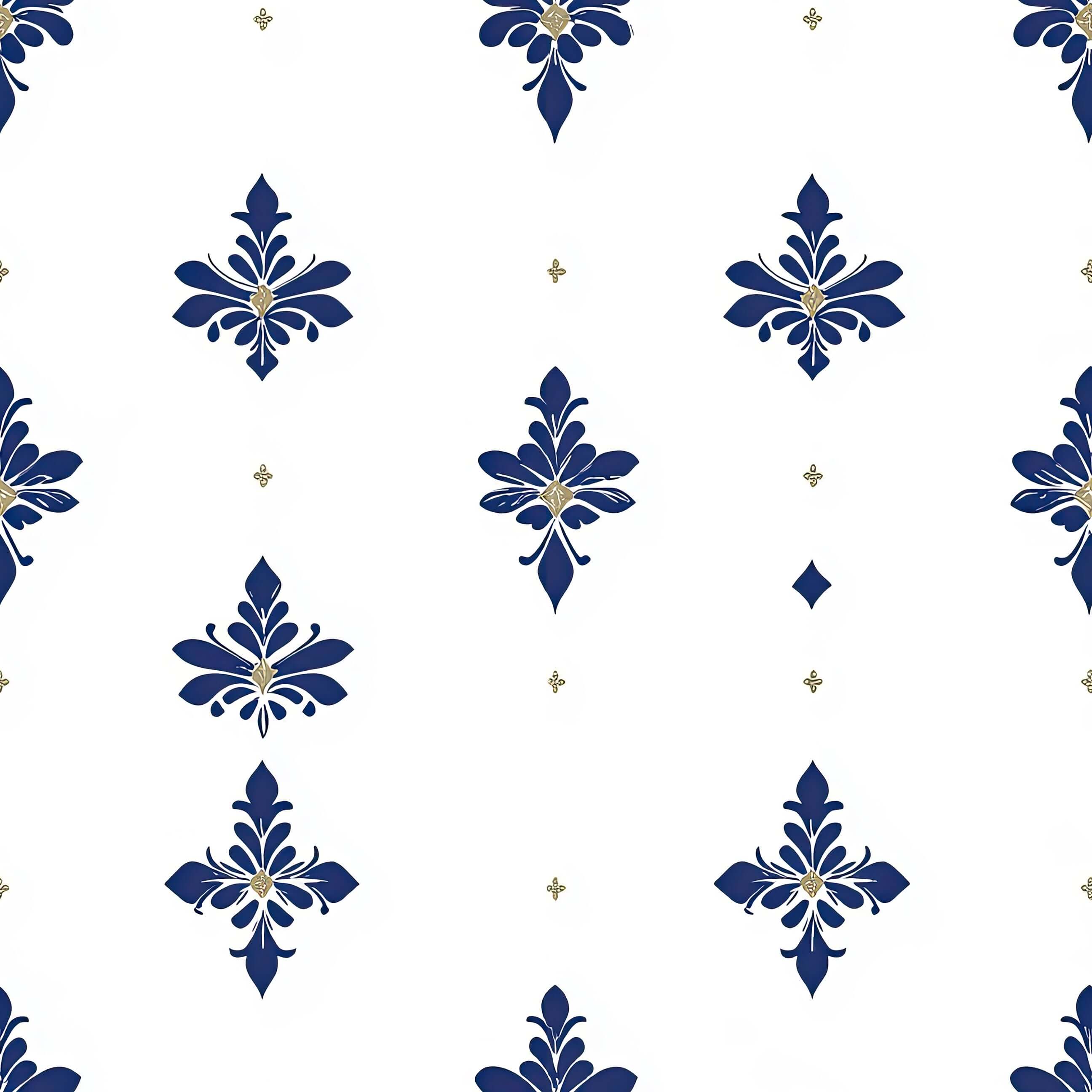 Navy Luxe Fleur-de-lis wallpaper with gold accents on a white background, ideal for elegant interiors.