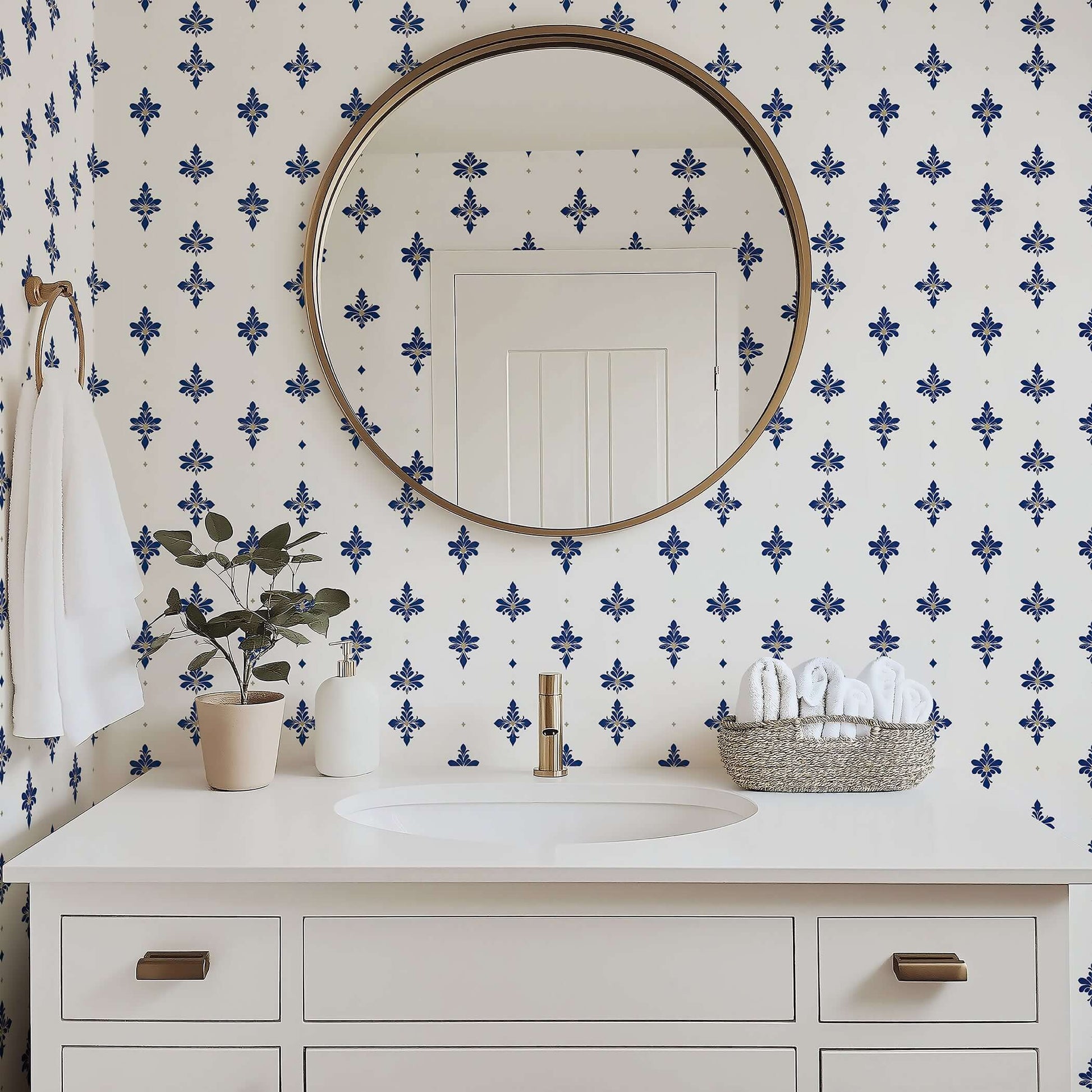 Bathroom featuring Navy Luxe Fleur wallpaper with navy fleur-de-lis on white, enhancing elegance with gold accents and modern decor.