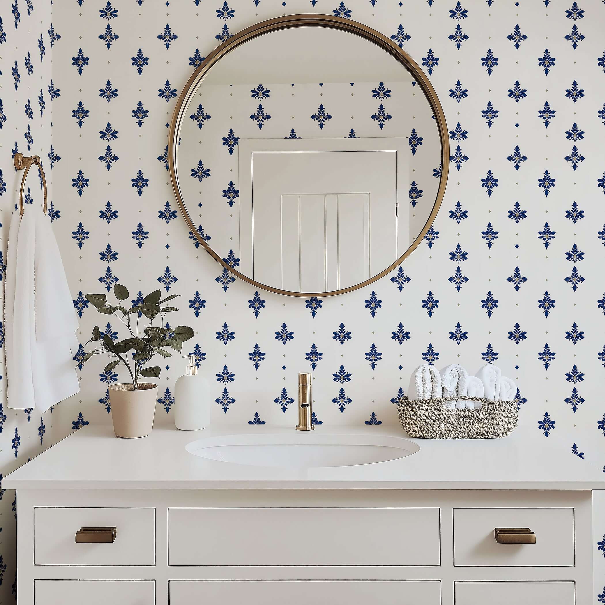Bathroom featuring Navy Luxe Fleur wallpaper with navy fleur-de-lis on white, enhancing elegance with gold accents and modern decor.