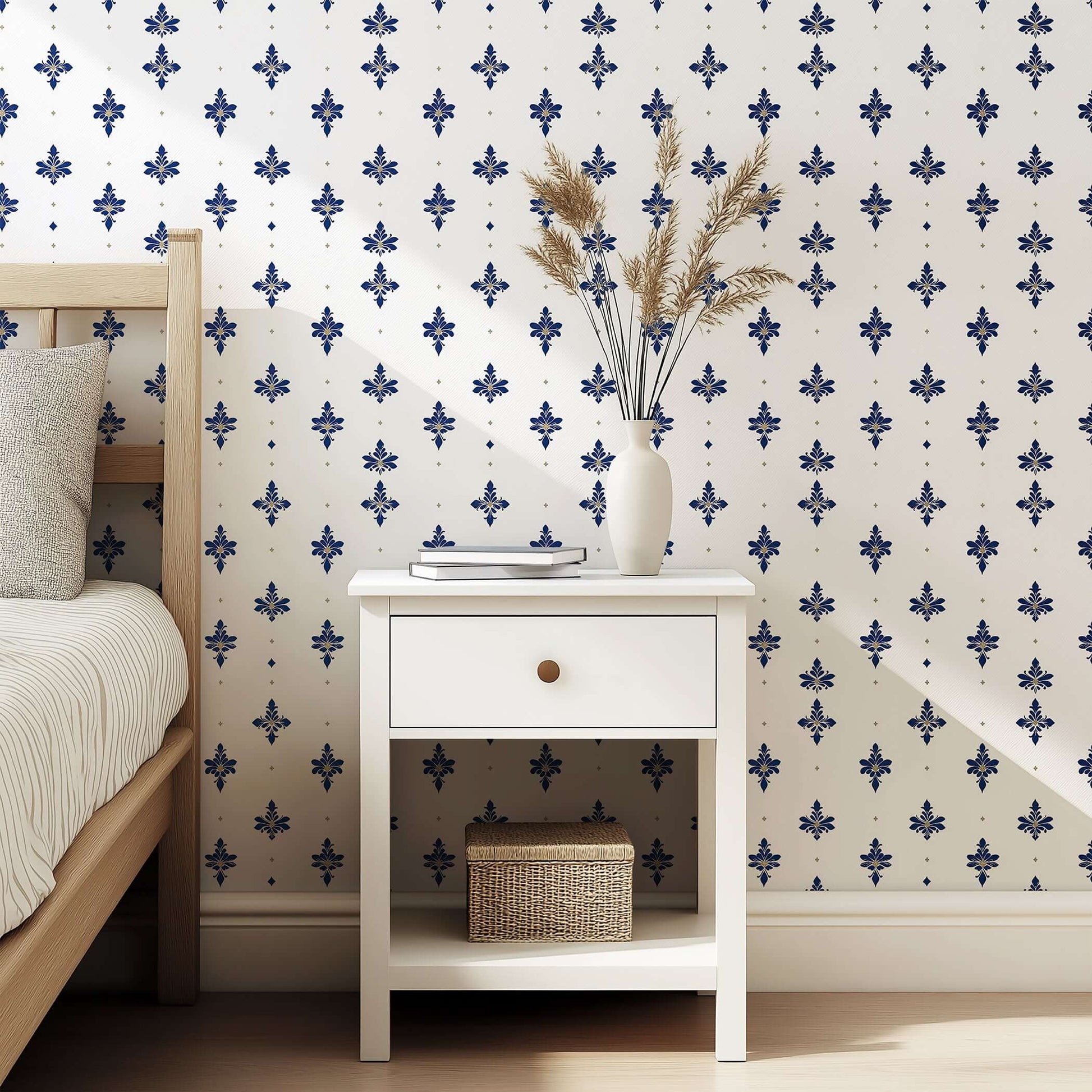 Navy Luxe Fleur wallpaper with fleur-de-lis design, enhancing bedroom decor with elegant navy and gold on a white background.
