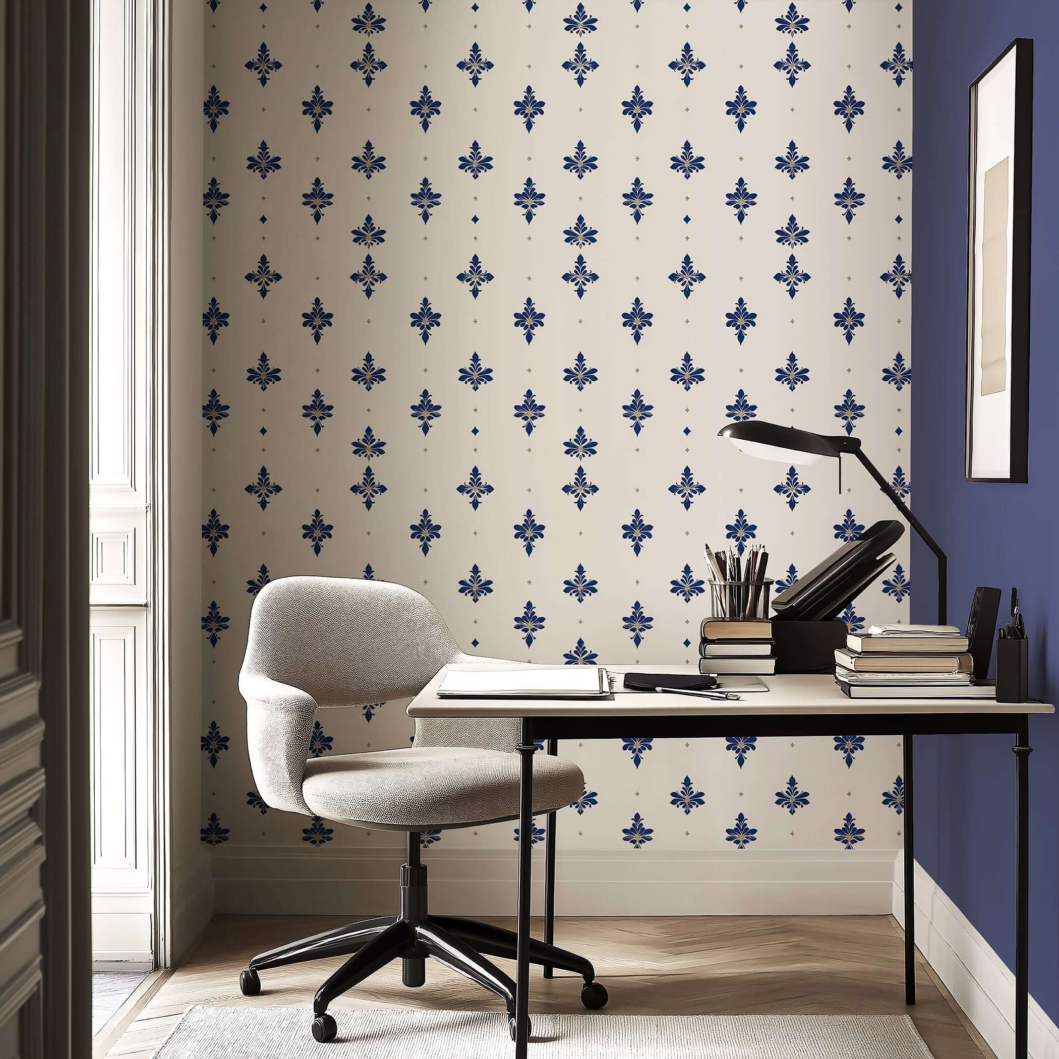 Navy Luxe Fleur-de-lis wallpaper in office setting, featuring elegant gold highlights on white backdrop, enhancing sophisticated decor.