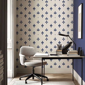 Navy Luxe Fleur-de-lis wallpaper in office setting, featuring elegant gold highlights on white backdrop, enhancing sophisticated decor.