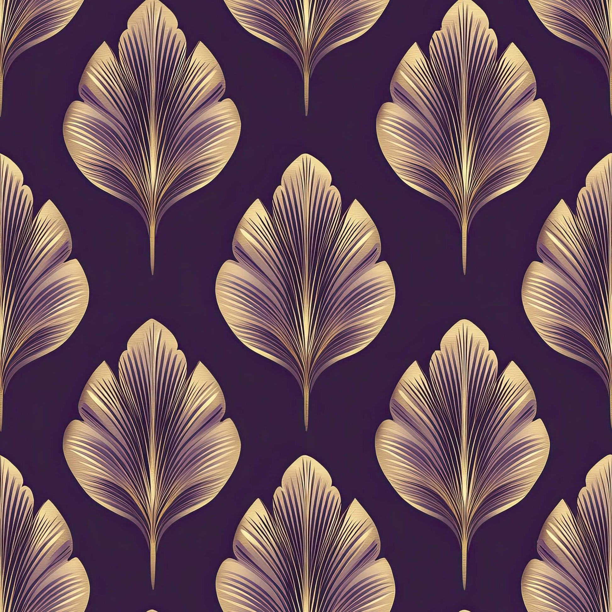 Golden Luxe Leaf Wallpaper with Art Nouveau florals, featuring gold leaves on a plum background, enhancing modern interior design.