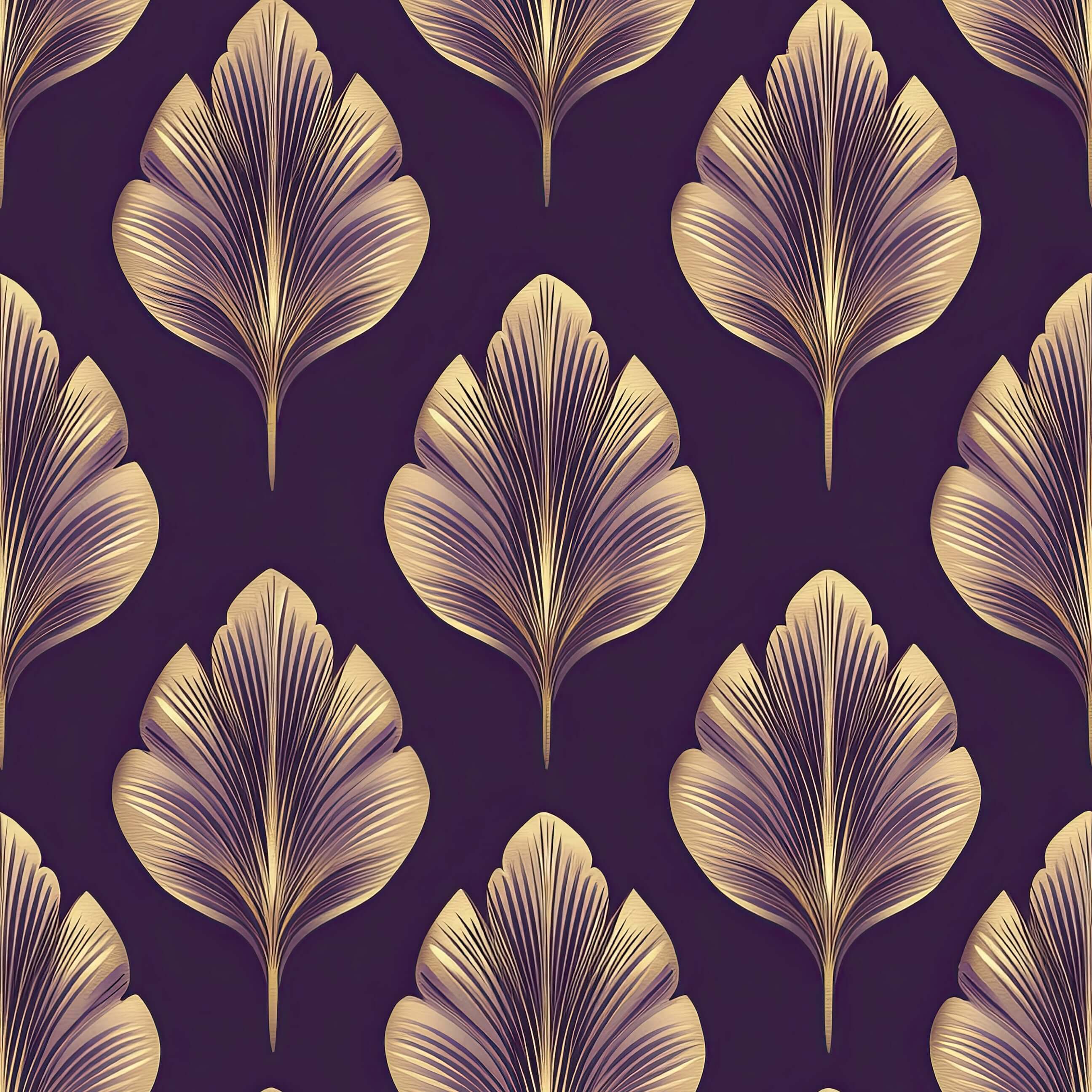 Golden Luxe Leaf Wallpaper with Art Nouveau florals, featuring gold leaves on a plum background, enhancing modern interior design.