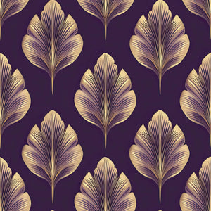 Golden Luxe Leaf Wallpaper with Art Nouveau florals, featuring gold leaves on a plum background, enhancing modern interior design.