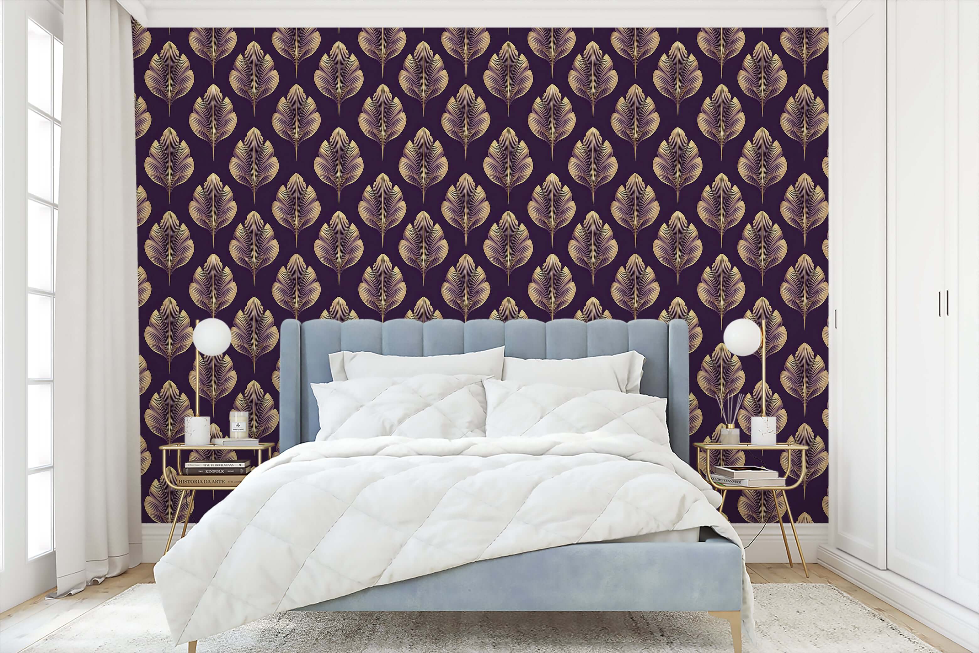 Golden Luxe Leaf wallpaper with Art Nouveau floral design, featuring gold leaves on a plum background, enhancing modern bedroom decor.