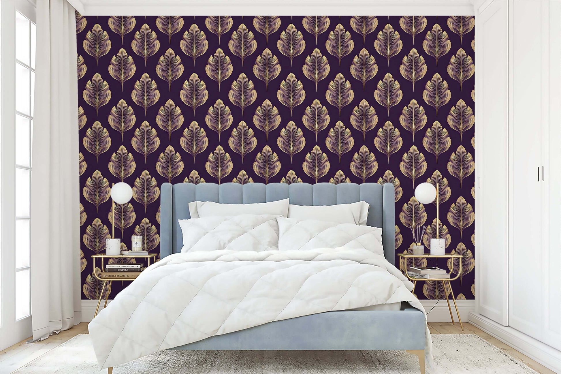 Golden Luxe Leaf wallpaper with Art Nouveau floral design, featuring gold leaves on a plum background, enhancing modern bedroom decor.