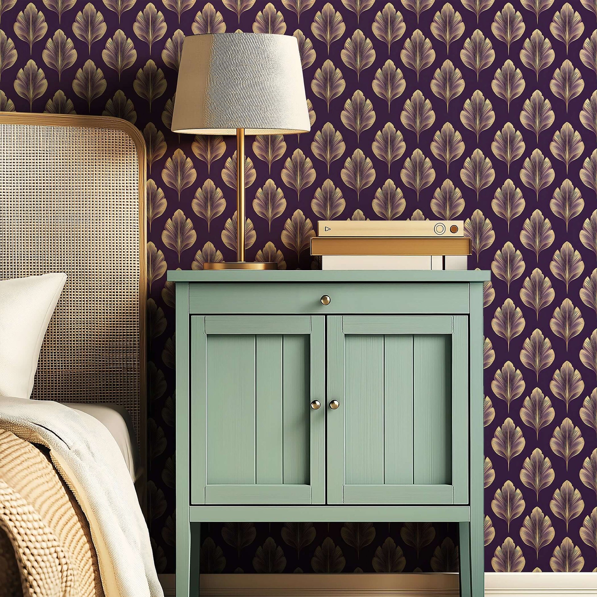 Golden Luxe Leaf wallpaper with plum background featuring Art Nouveau floral leaves, enhancing a modern bedroom atmosphere.